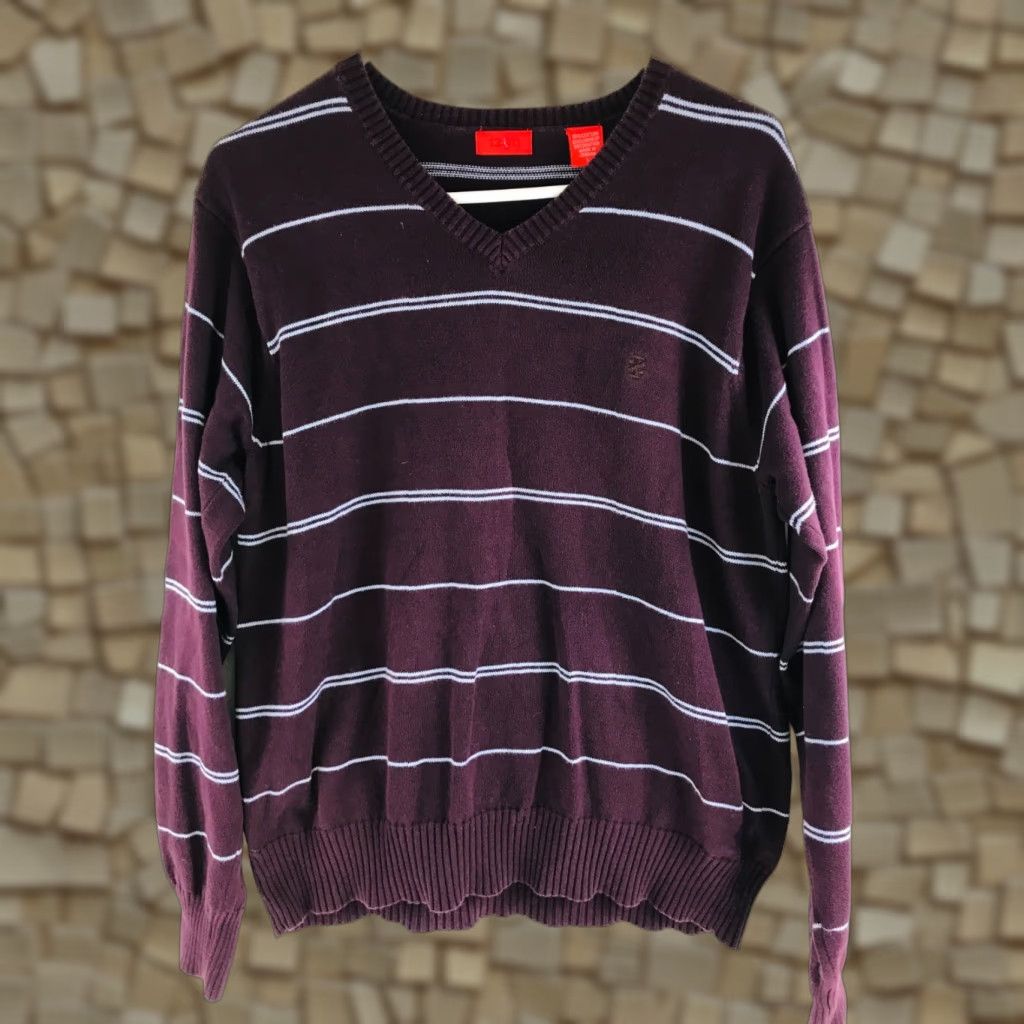 Izod IZOD Sweater Men's Size Large Maroon Striped V-Neck Pullover Long Sleeve Knitted Size US L / EU 52-54 / 3 - 1 Thumbnail