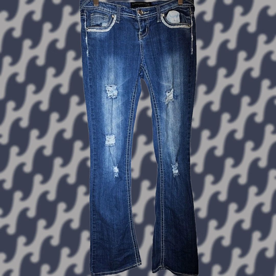 Vintage Twenty One Y2K Bootcut Jeans Distressed Rhinestone Button Flare Juniors Size 25" / US 0 / IT 36 - 1 Thumbnail