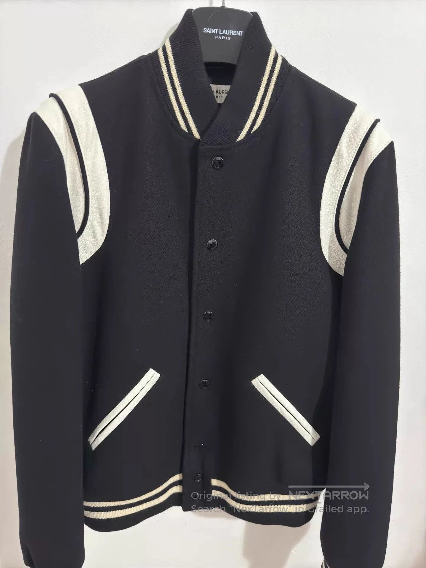 Saint Laurent Paris Black Varsity Bomber Jacket with Leather Sleeves. Size US M / EU 48-50 / 2 - 3 Thumbnail