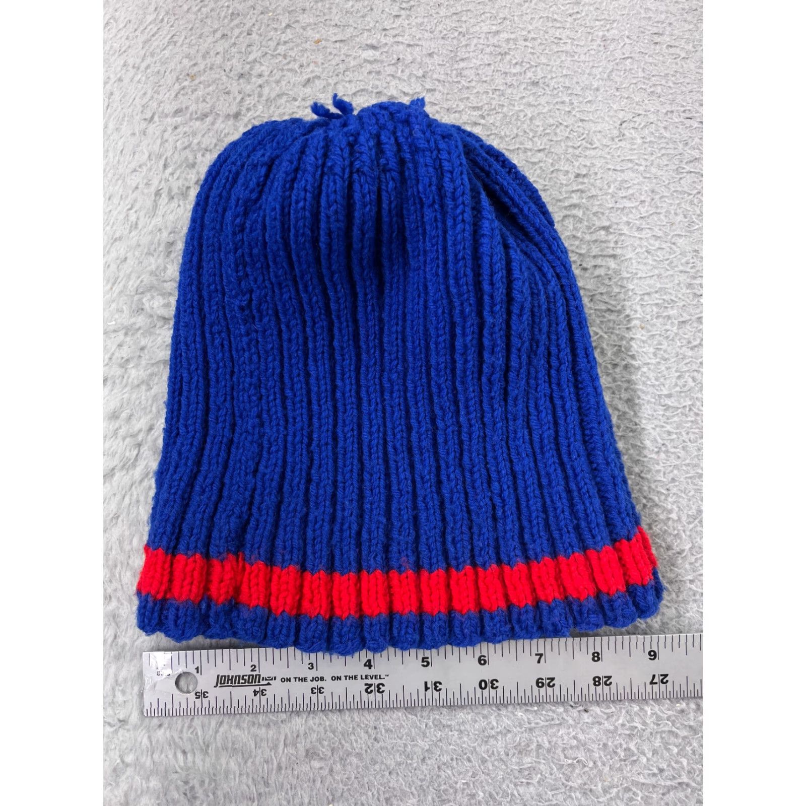 Vintage Beanie Toque Adult One Size Blue Red Knit Snow Ski Polyester Blend Pom Size ONE SIZE - 4 Thumbnail