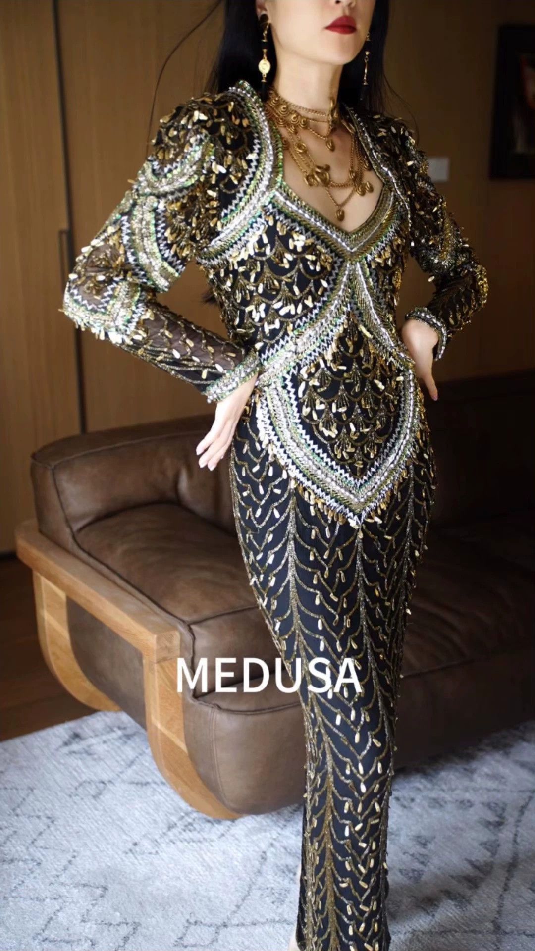 Vintage Vintage Medusa Beaded Silk Fitted Open Back Slit Dress M/L Size M / US 6-8 / IT 42-44 - 1 Thumbnail
