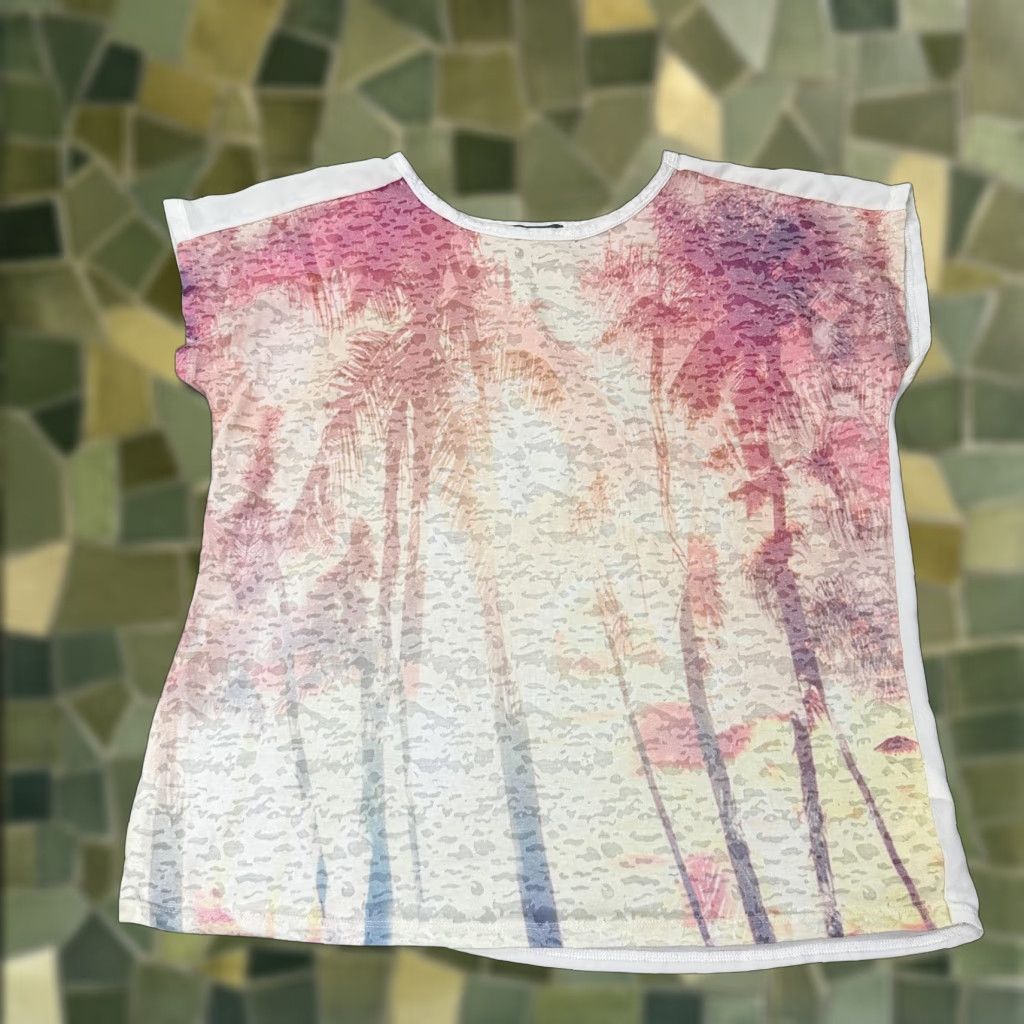 Vintage South Shirt Womens Pink Blouse Short Sleeve Scoop Neck Lightweight Polyester Cotton Geometric Pattern 10 UK 14 Holiday Womens Size L / US 10 / IT 46 - 1 Thumbnail