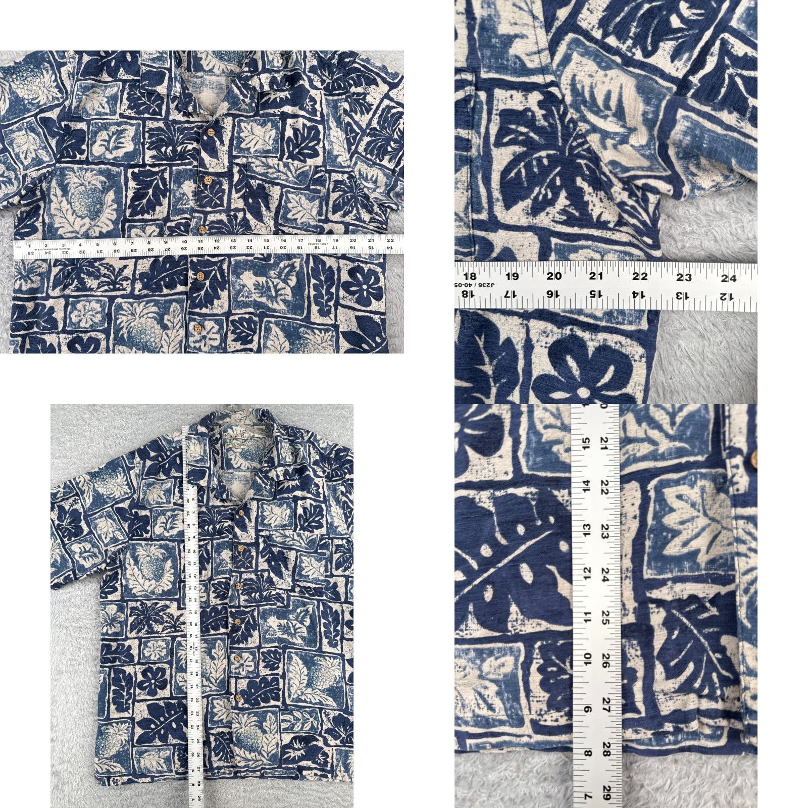 Vintage Batik Bay Shirt Men Large Blue White Floral Leaf Pineapple 100% Silk Hawaiian Size US L / EU 52-54 / 3 - 8 Thumbnail