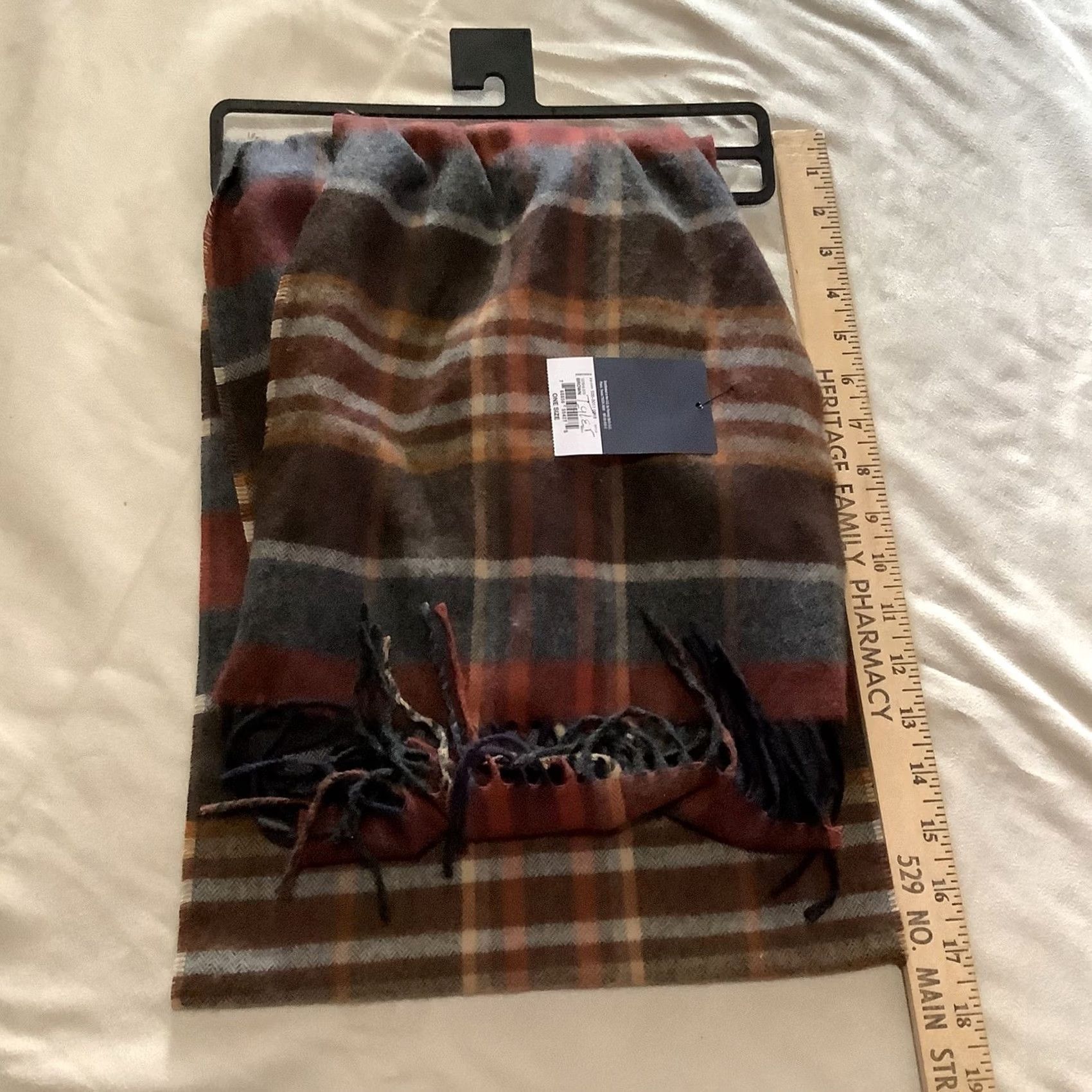 Vintage St. John's Bay Scarf Brown Red Blue Plaid Striped Fringed Acrylic One Size Size ONE SIZE - 3 Thumbnail