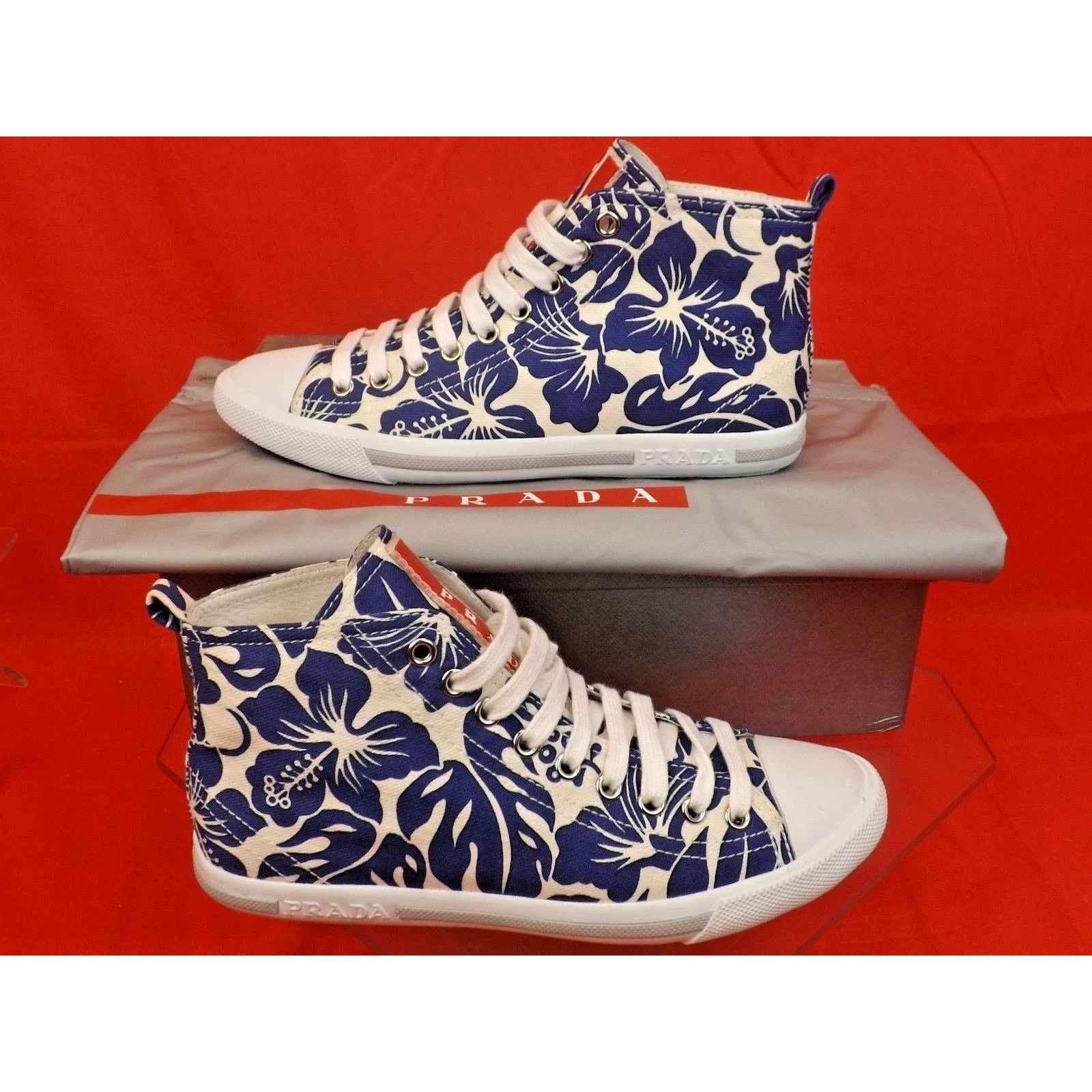 Prada PRADA 3T573 BLUE FLORAL DENIM LEATHER HIGH TOP SNEAKERS 35.5 Size US 5.5 / IT 35.5 - 1 Thumbnail