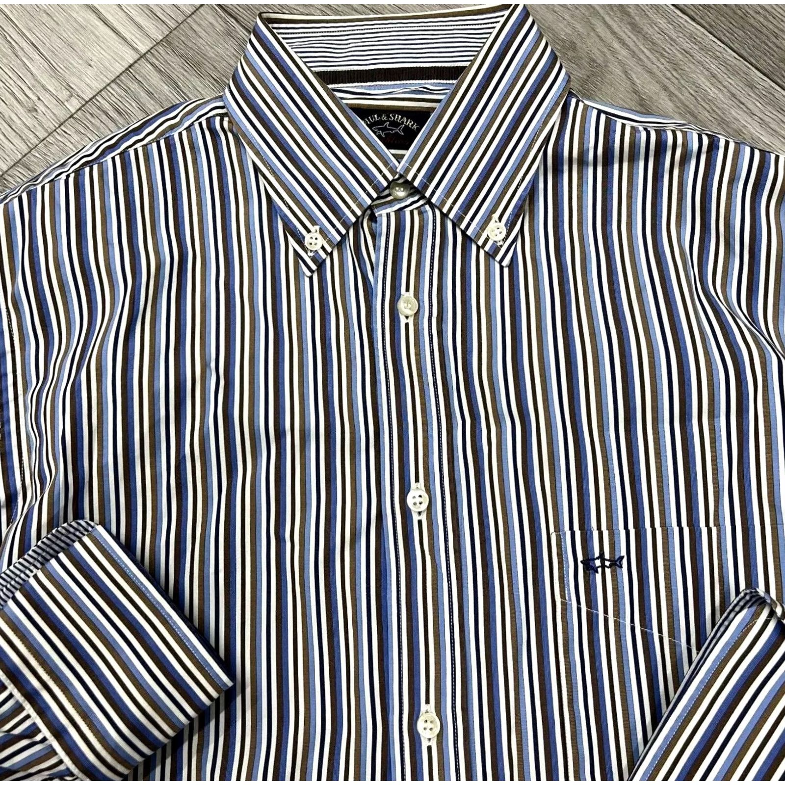 Paul & Shark Paul & Shark Shirt Long Sleeve Striped Cotton Size 40 Blue Brown White Button-Up Collared Mens Size US L / EU 52-54 / 3 - 2 Thumbnail