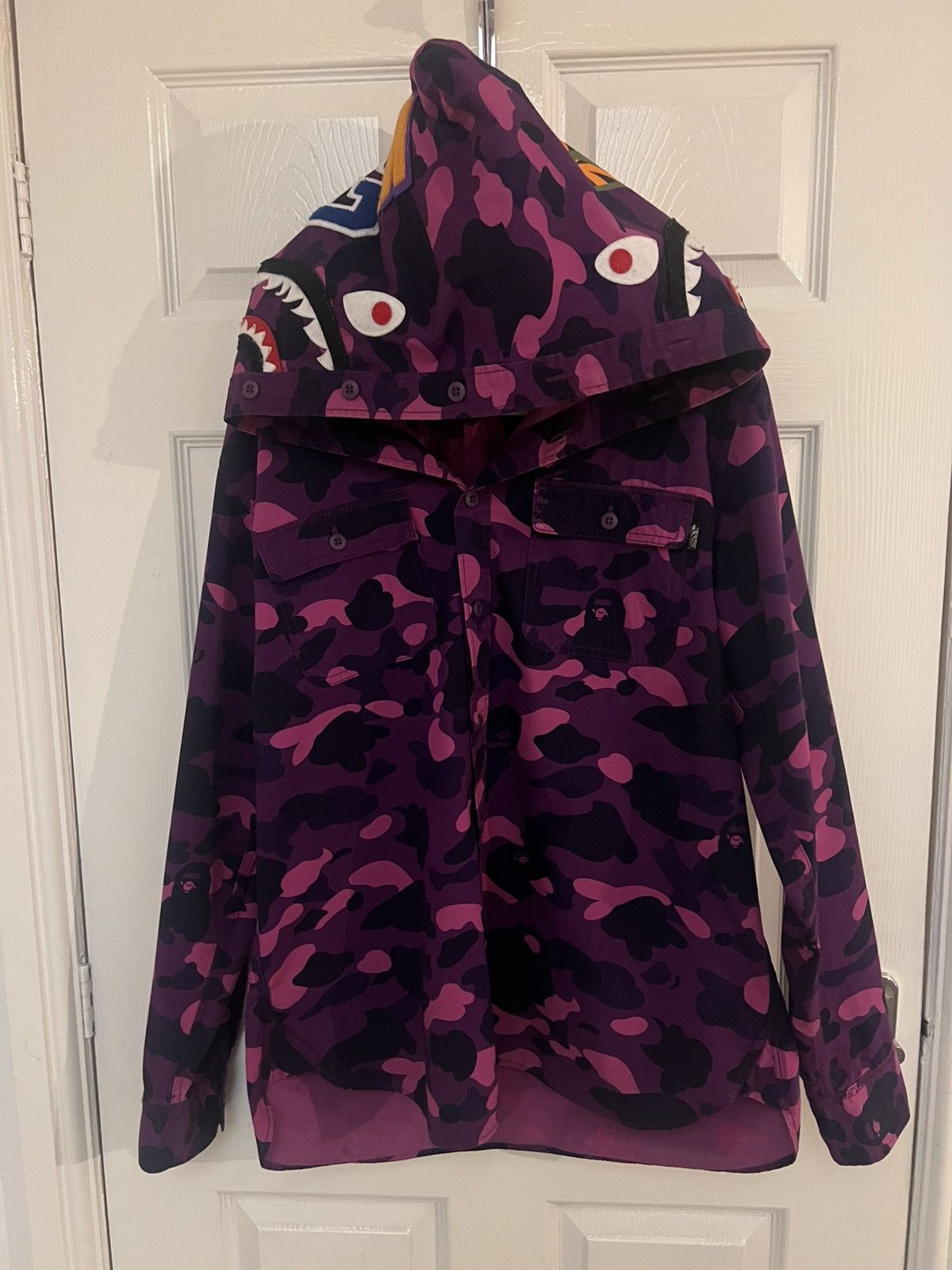 Bape Rare BAPE A Bathing Ape Purple Camo Shark Button Shirt Size US XL / EU 56 / 4 - 1 Thumbnail