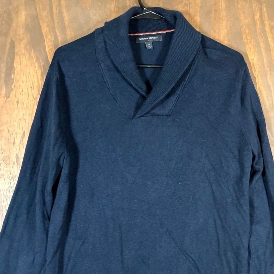 Banana Republic Banana Republic Sweater Navy Blue Knit Shawl Neck 100% Cotton Medium Mens Regular Knit Style Pullover Size US M / EU 48-50 / 2 - 2 Thumbnail