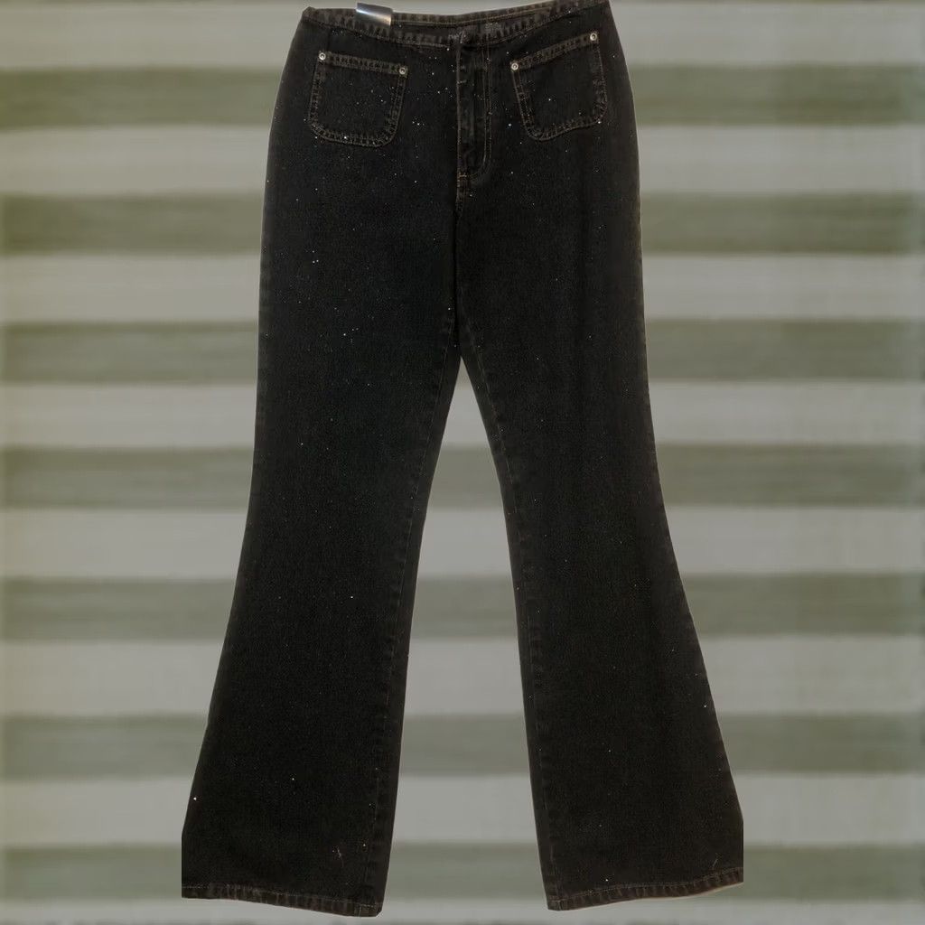 Vintage Rue 21 Jeans Black Glitter Flare Mid Rise Waist 26” Inseam 30” y2K Grunge Women 14 Size 36" / US 14 / IT 50 - 1 Thumbnail
