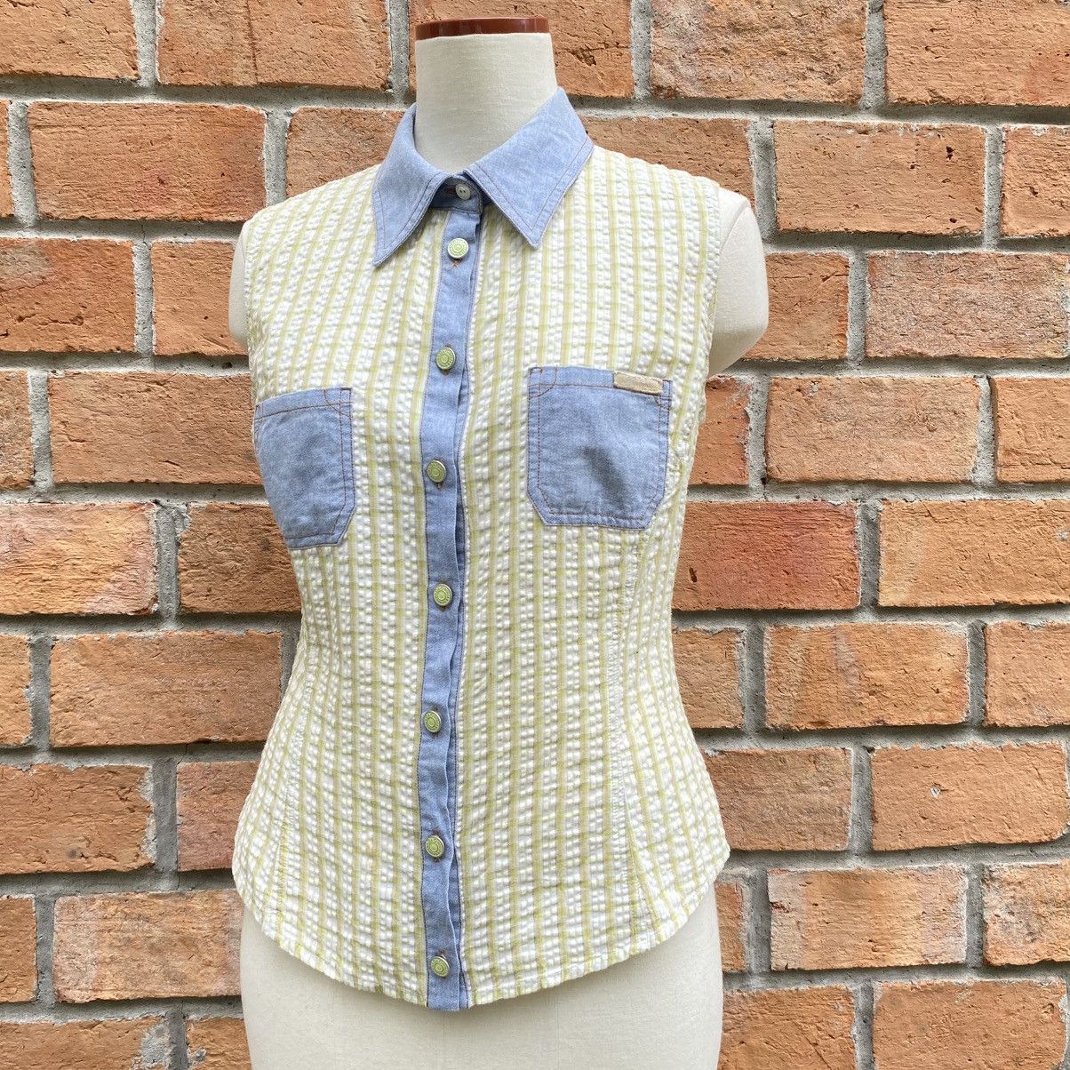 Dolce & Gabbana D&G Green Stripe Sleeveless Blouse with Denim Collar Size M / US 6-8 / IT 42-44 - 18 Thumbnail