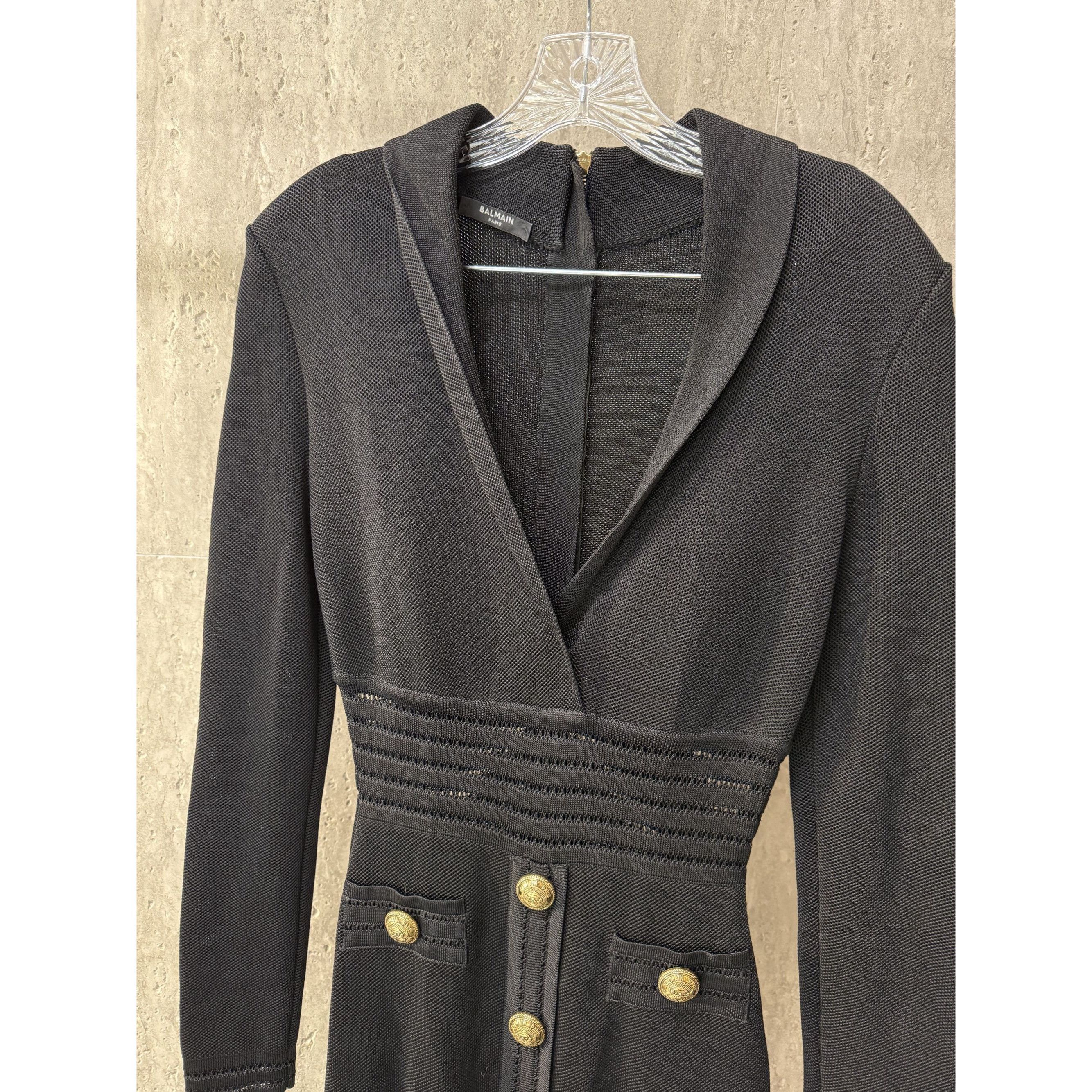 Balmain Paris Black Knit Long-Sleeve Mini Dress With Gold Bu