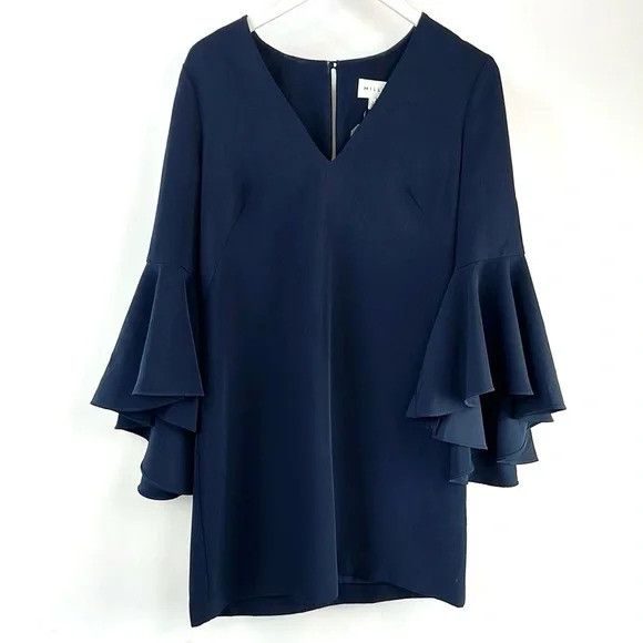 Milly Nicole Navy Italian Cady Bell Sleeve Shift Dress