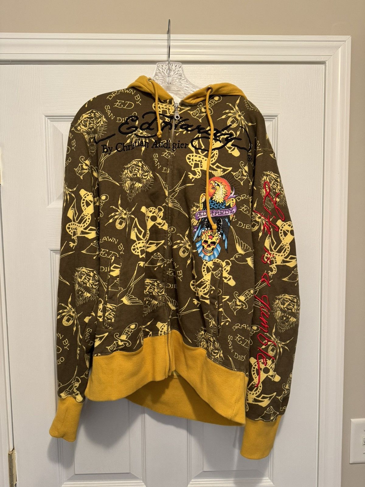 Image of Vintage Ed Hardy Zip Hoodie in Yellow, Men's (Size XL)