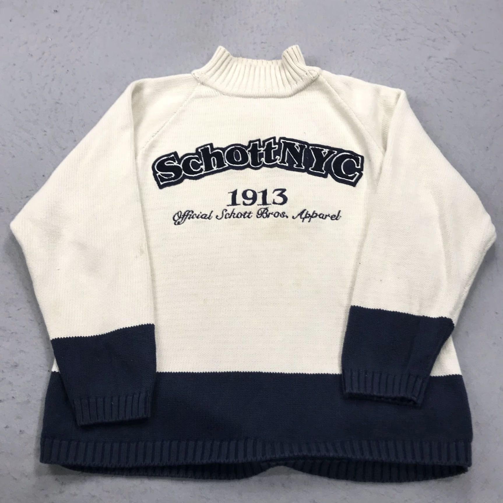 Schott VINTAGE Schott NYC Sweater Mens XL Beige Cream NYC Spell Out Mock Neck Cotton Knit Shirt Pullover Winter Fall Spring Mens Size US XL / EU 56 / 4 - 2 Thumbnail