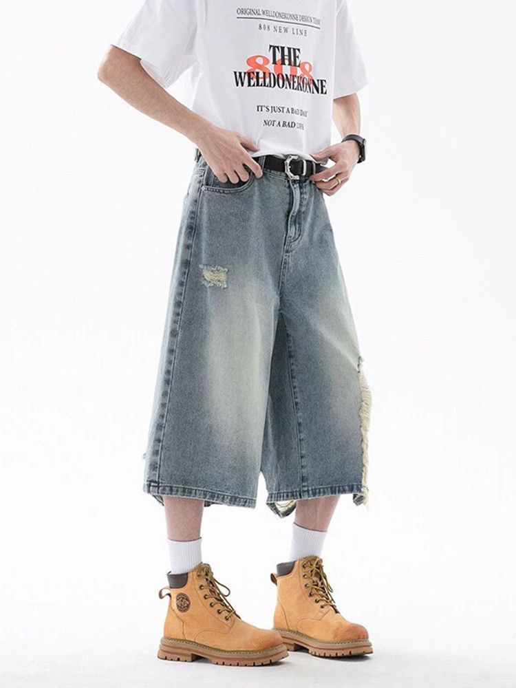 Vintage Men's Retro Blue High-Waisted Distressed Denim Shorts Size US 32 / EU 48 - 3 Thumbnail