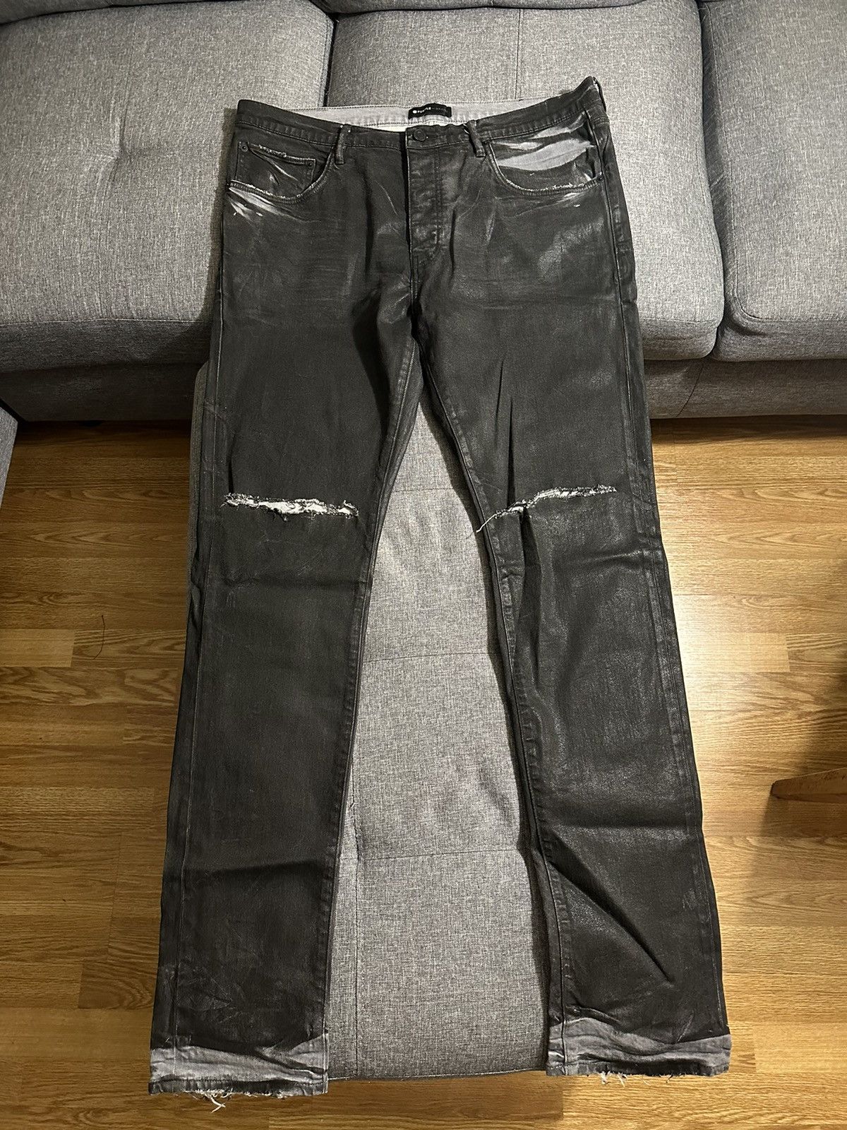 image of Distressed Coated Black Jeans By Purple Brand, Men's (Size 38)