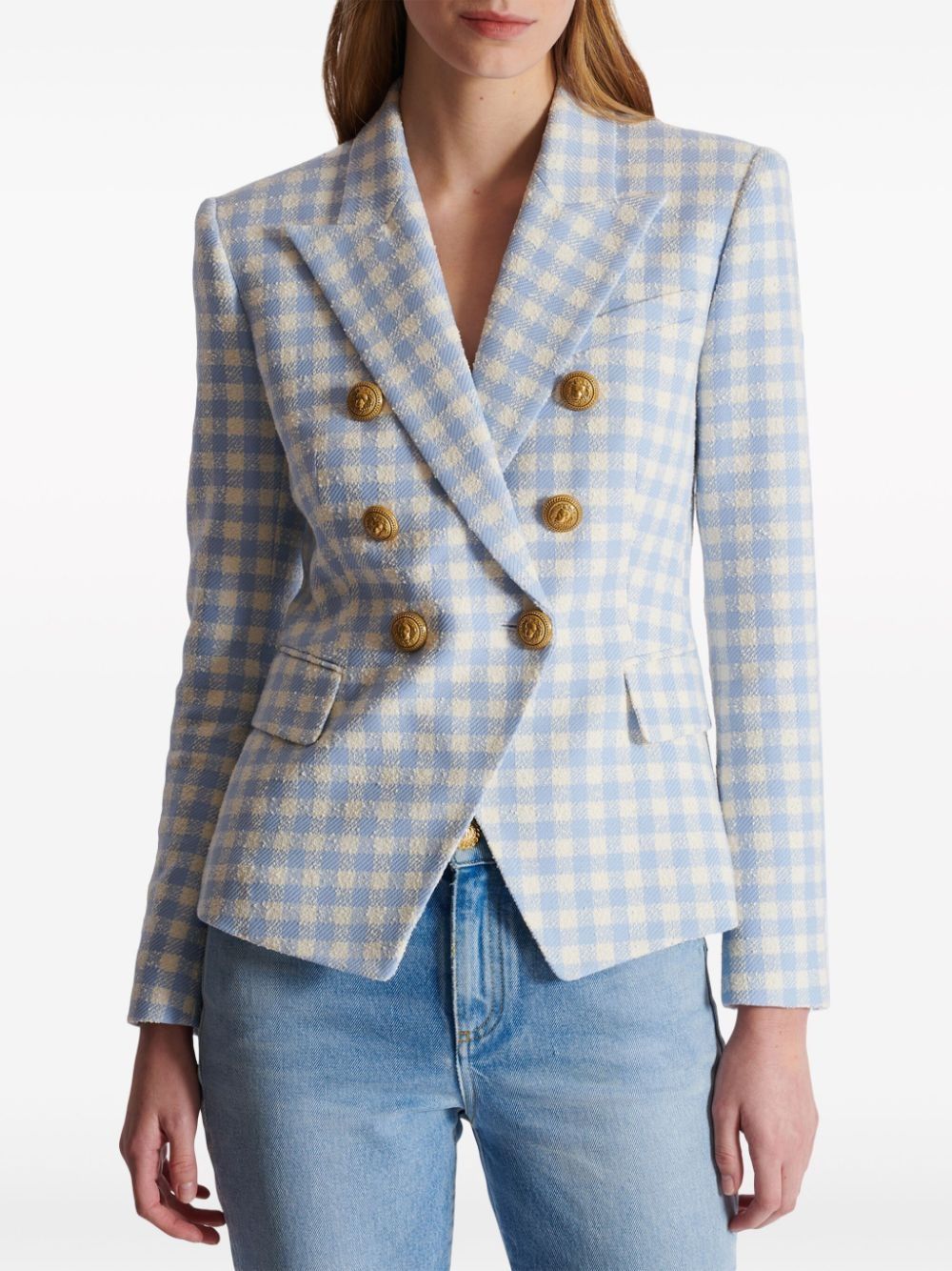 Balmain o1s1wg110825 Gingham Pattern Double Breasted Blazer in Blue Size M / US 6-8 / IT 42-44 - 3 Thumbnail