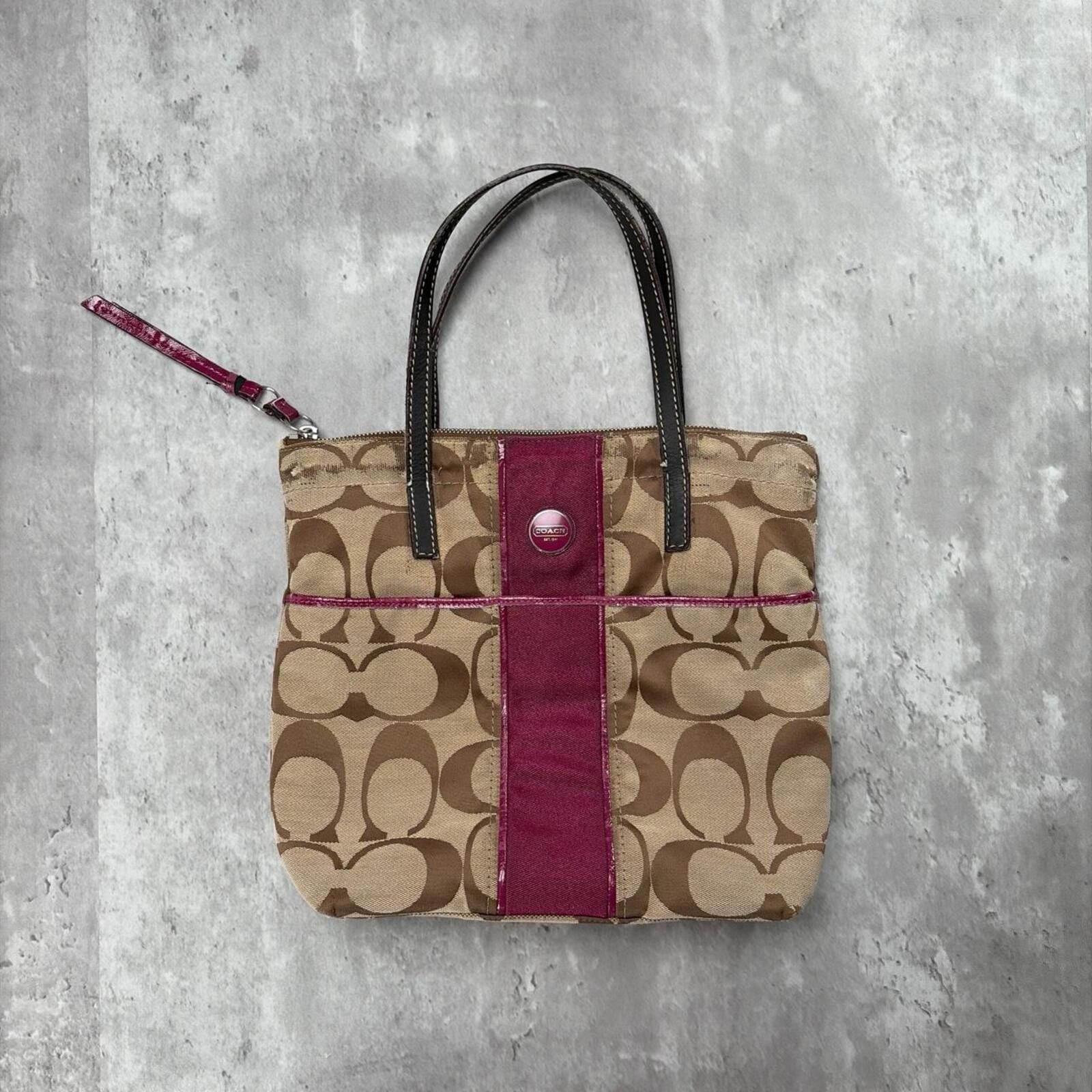 Coach Y2K Coach Signature Stripe Khaki Magenta Jacquard Tote Bag Size ONE SIZE - 1 Thumbnail
