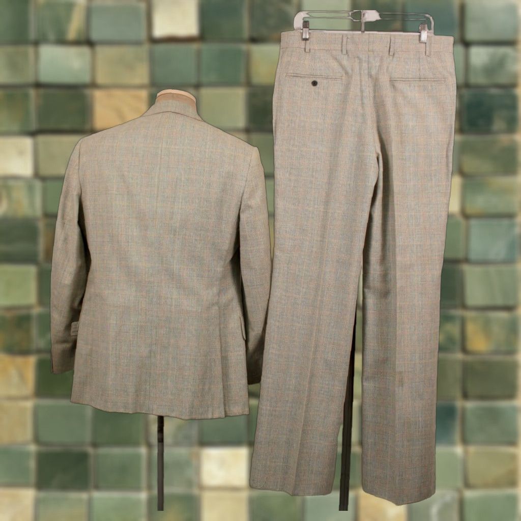 Vintage VINTAGE Mens VTG 70s NOS Light Green Plaid Leisure Suit Jacket Pants L 42 1970s Polyester Blend Disco Mens Size 42R - 1 Thumbnail