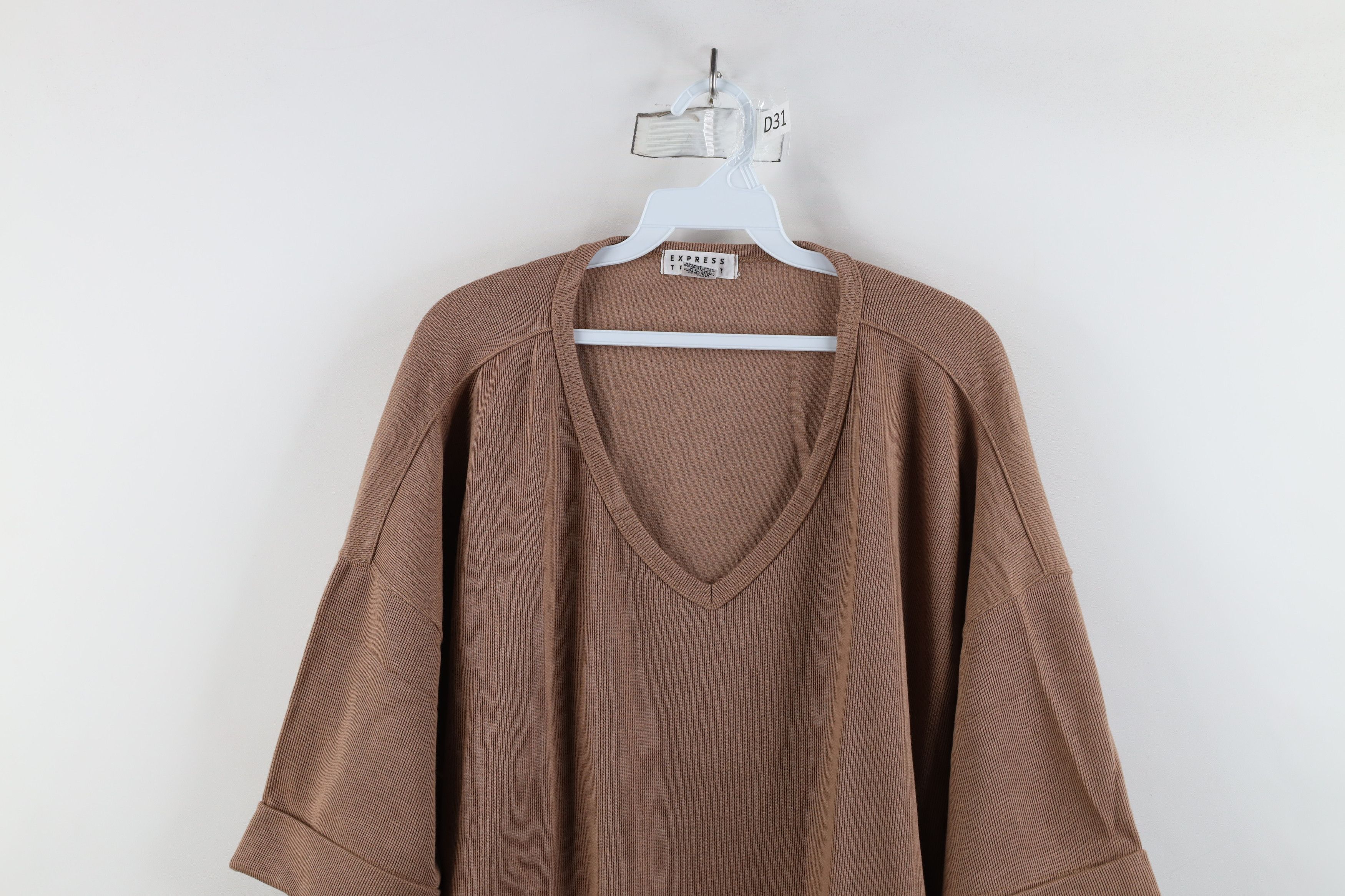 Express × Vintage Vintage 90s Express Baggy Thermal Ribbed Knit T-Shirt Brown Size L / US 10 / IT 46 - 2 Thumbnail