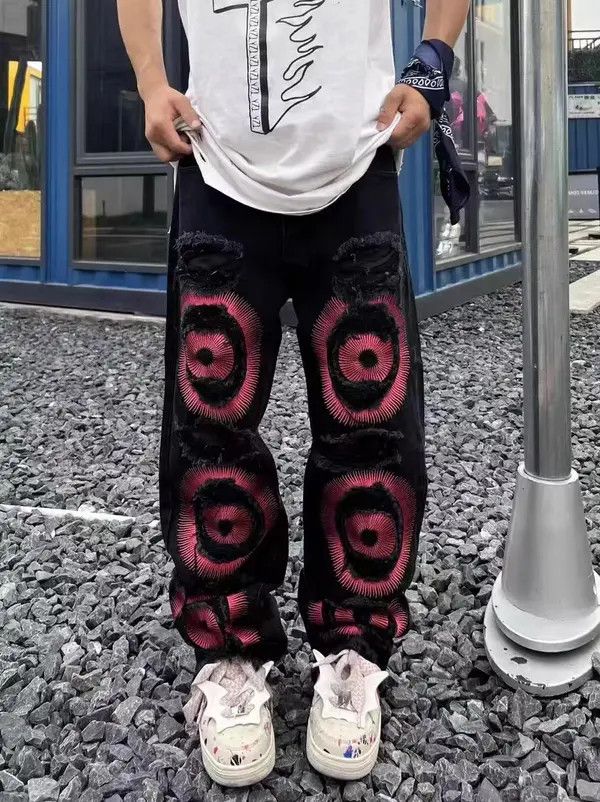 Japanese Brand Black and red heavily embroidered ripped straight jeans Size US 32 / EU 48 - 7 Thumbnail