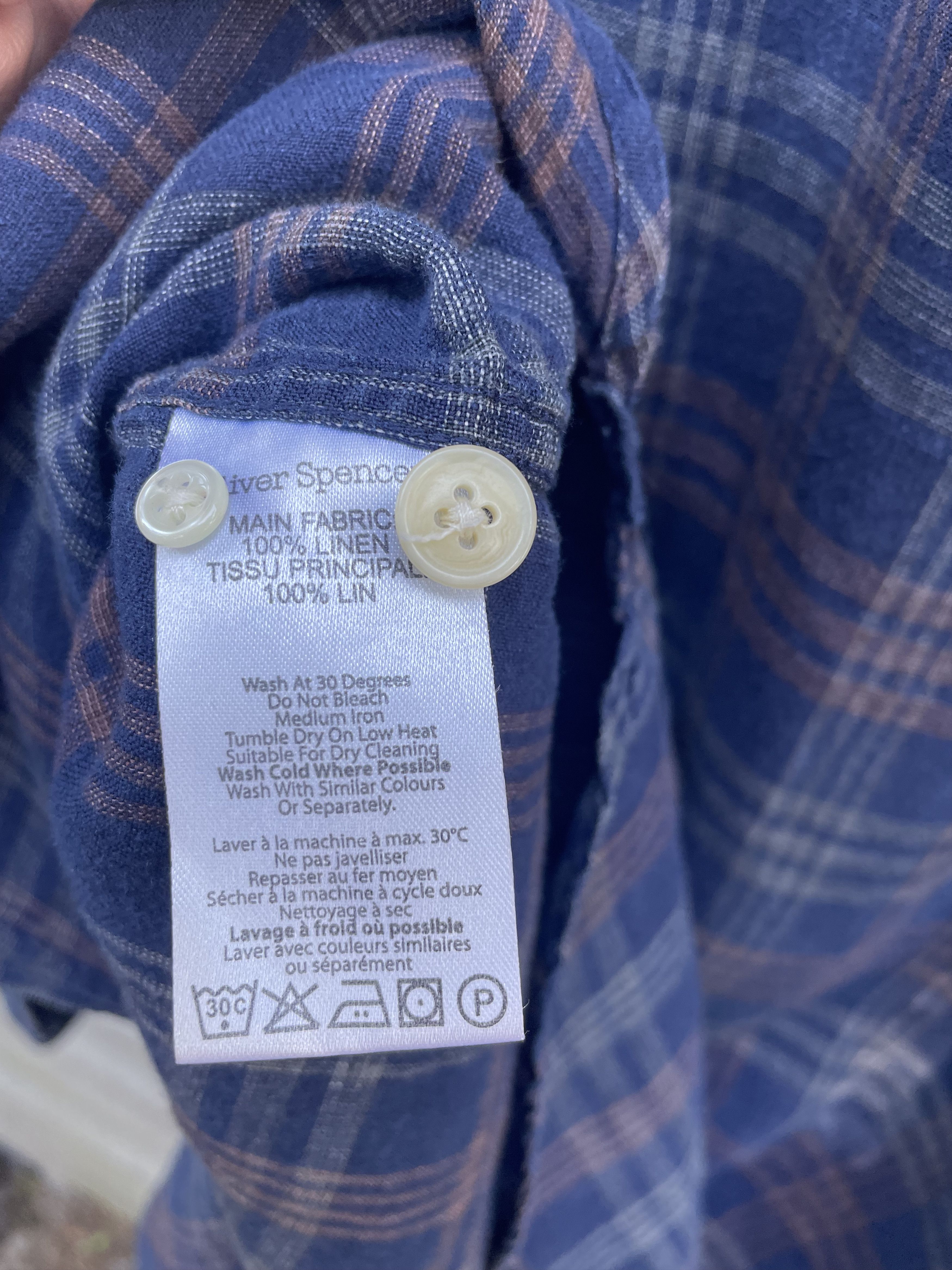 Oliver Spencer Linen Indigo Plaid Band Collar Shirt Size US M / EU 48-50 / 2 - 7 Thumbnail