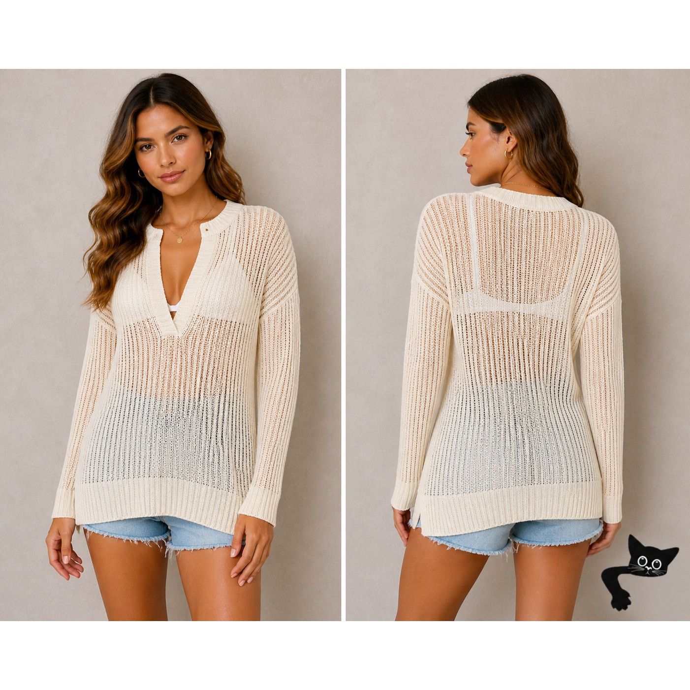 REVOLVE Revolve By The Way Ivory Pearl Sheer Knit Sweater V-Neck S Size S / US 4 / IT 40 - 3 Thumbnail