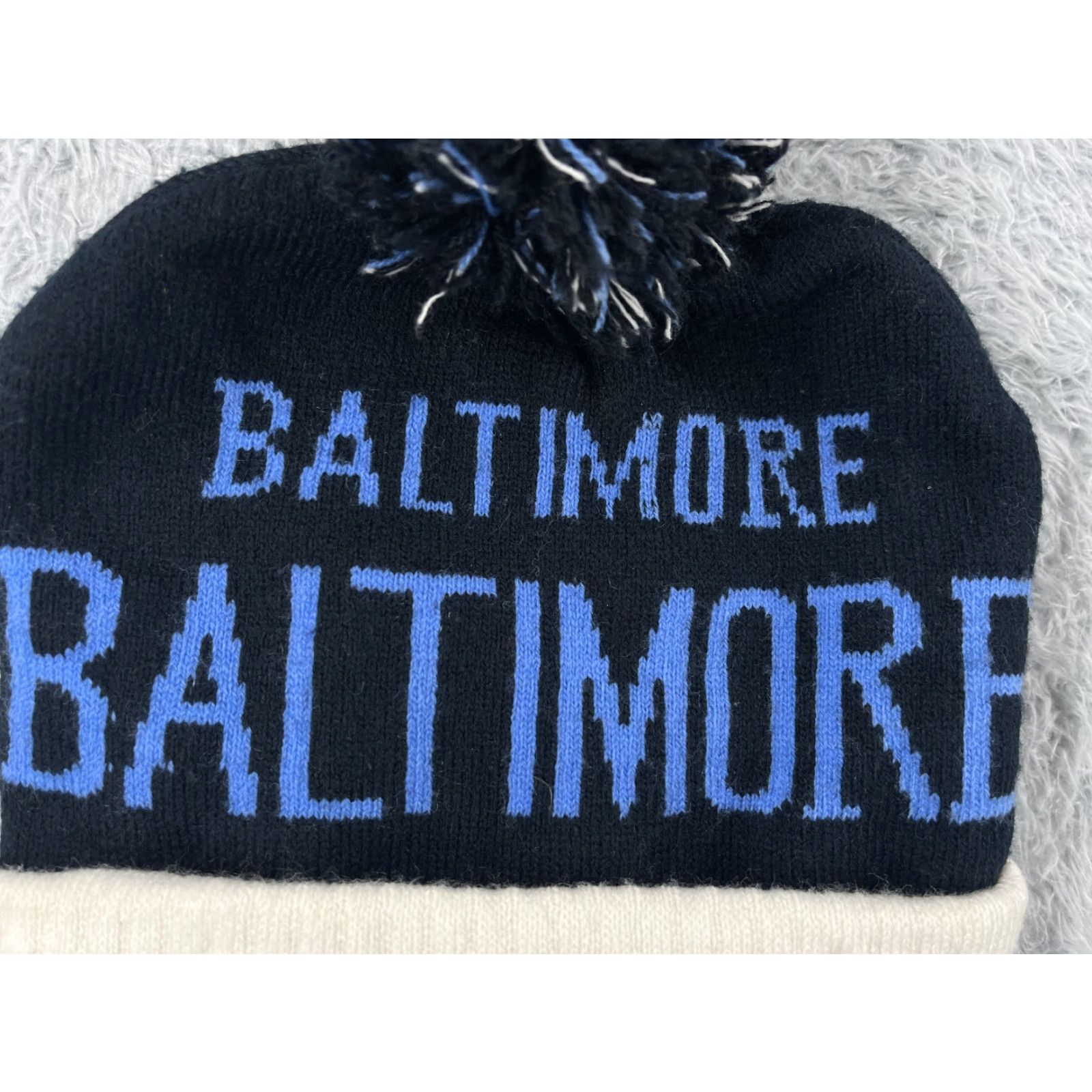 Vintage Baltimore Beanie Toque Adult One Size Blue White Stripe Knit Acrylic Ski Pom Beanie Mens Winter Size ONE SIZE - 2 Thumbnail