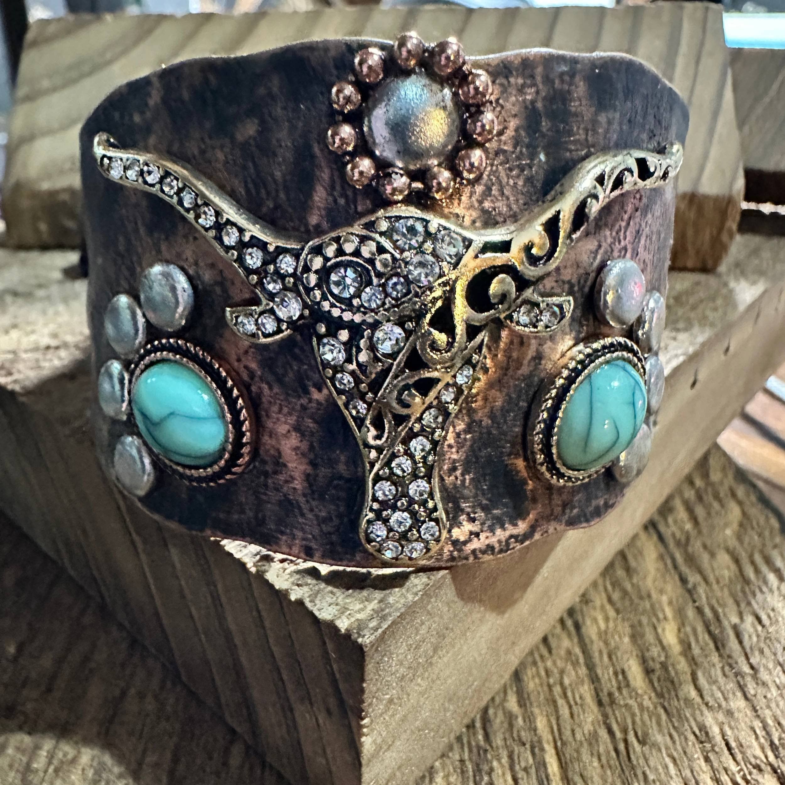 Other Longhorn Turquoise Western Cuff Bracelet with Adjustable Lea Size ONE SIZE - 1 Thumbnail