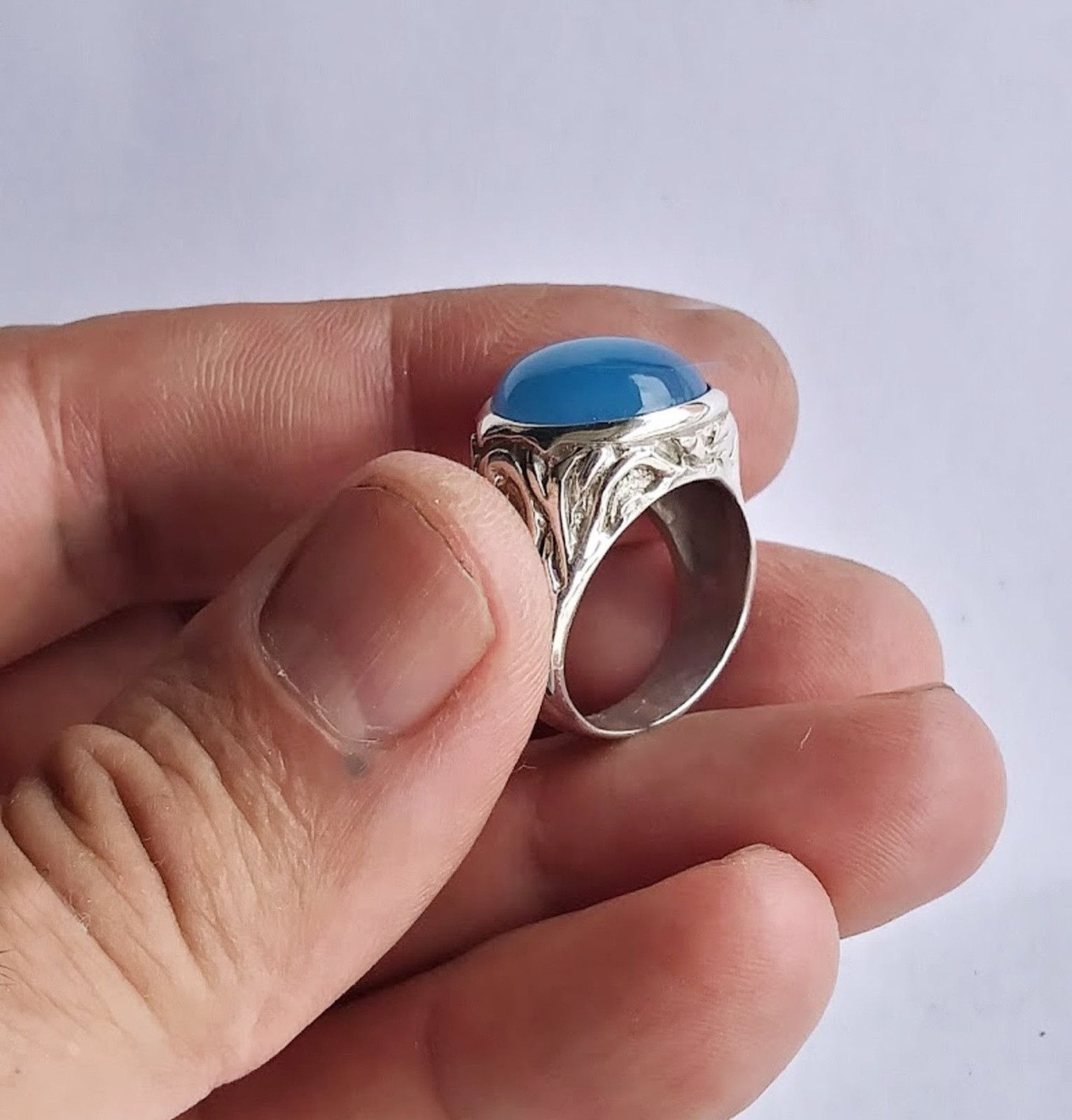 Other Men's ring blue cabochon Chalcedony sterling silver .925 Size ONE SIZE - 3 Thumbnail