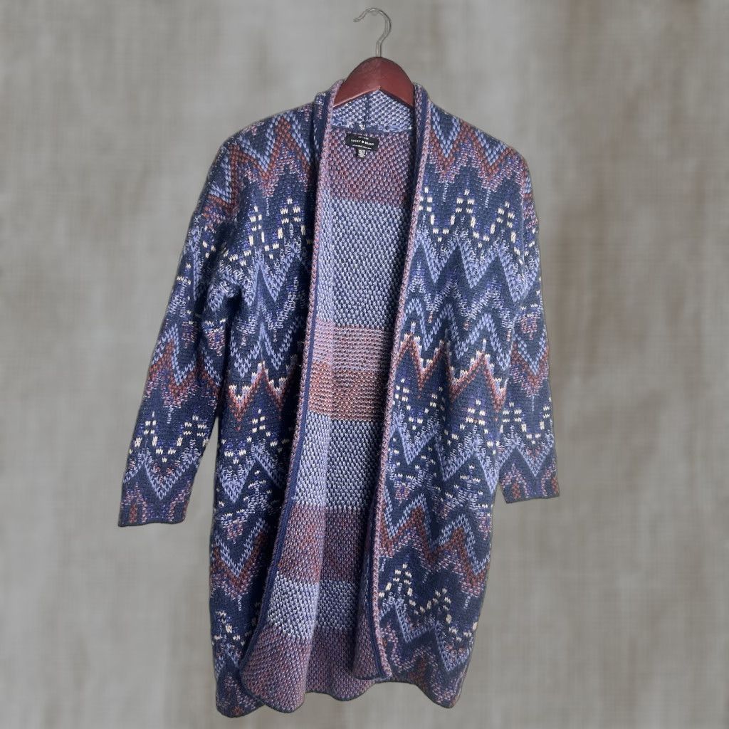 VINTAGE Lucky Brand Cardigan Women XS Wool Blend Blue Red Southwest Open Front 3/4 Sleeve Knit Sweater
