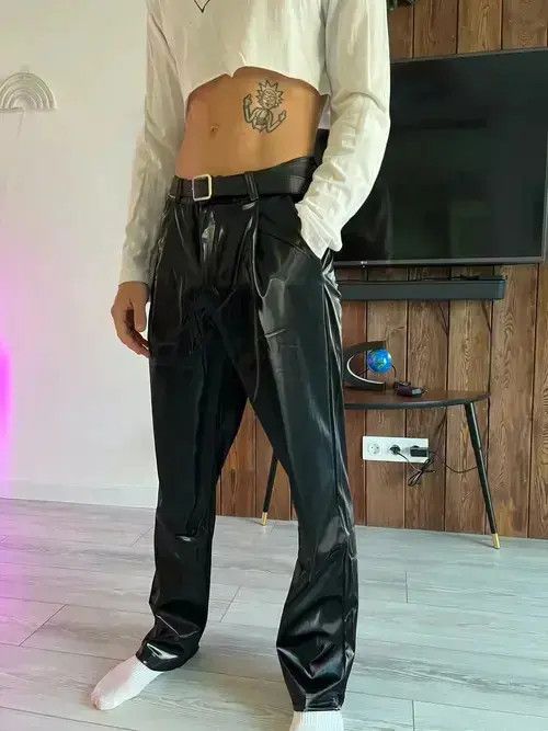 Other Leather Trousers Side Tight Waist Loose Casual Pants Size US 36 / EU 52 - 4 Thumbnail