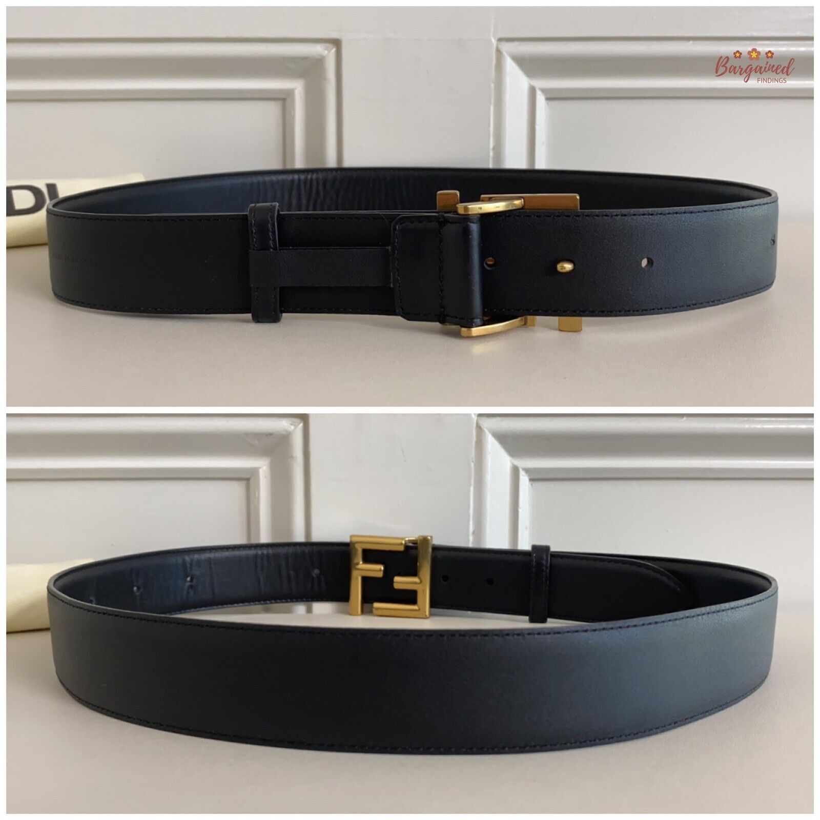 Fendi Fendi Black Calfskin Leather Gold FF Buckle Belt Size 30 - 6 Thumbnail