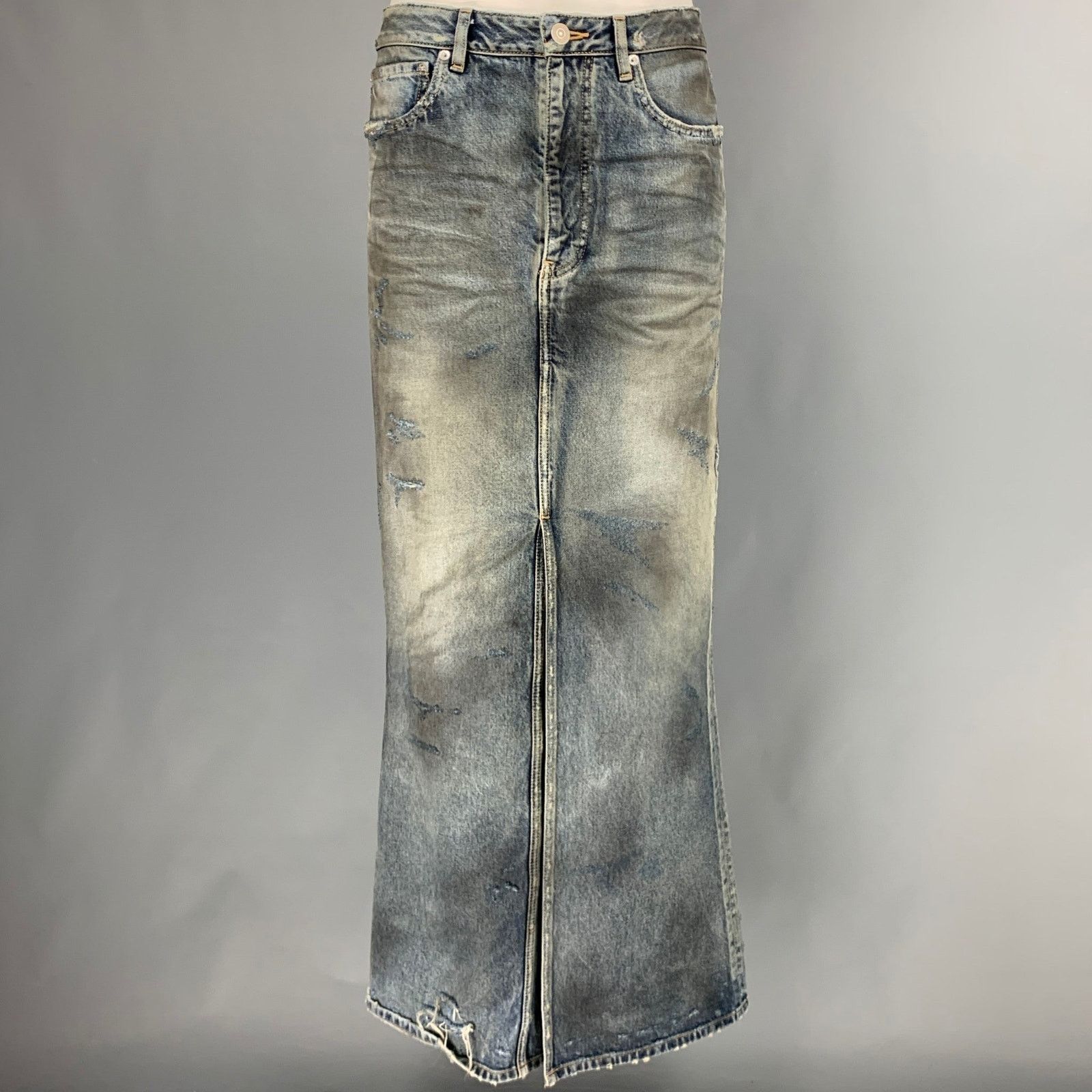 Balenciaga Size 6 Blue Grey Cotton Distressed Pencil Long Skirt Size 28" / US 6 / IT 42 - 1 Thumbnail