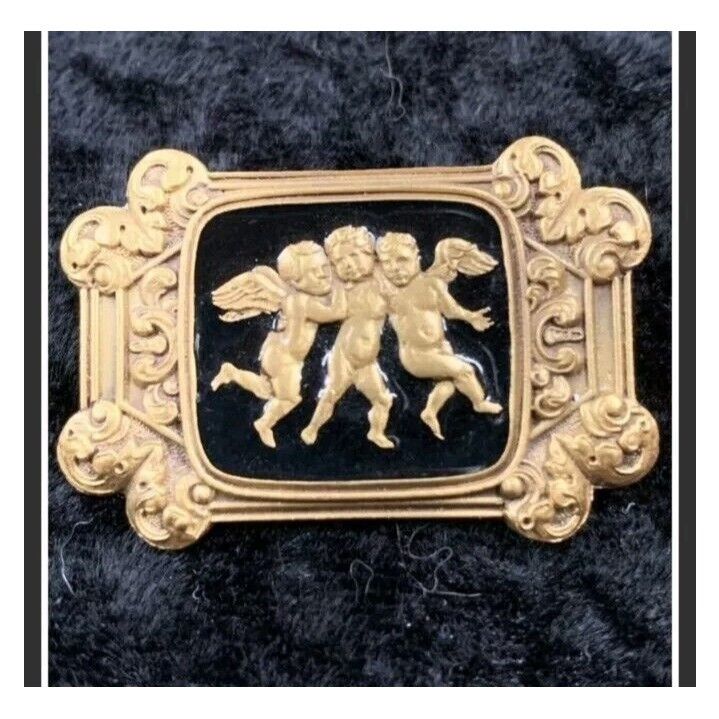 Vintage Vintage Cherub Scroll Pin Angels Black Gold Tone Signed EI B Size ONE SIZE - 2 Thumbnail