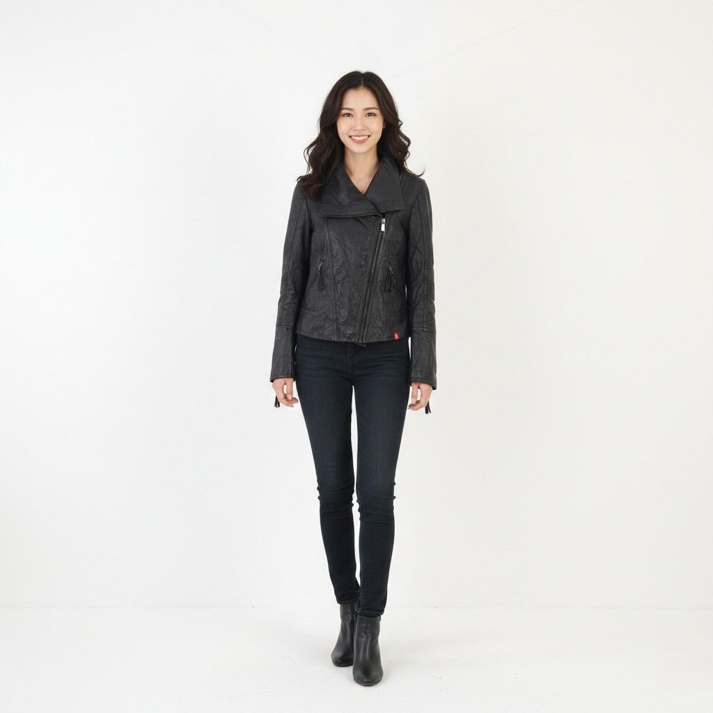 Vintage EDC Women S Jacket Black Sheep Leather Biker 0092 Size S / US 4 / IT 40 - 1 Thumbnail