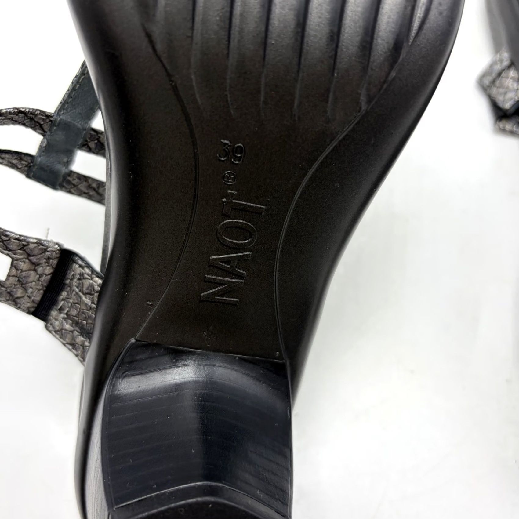 Vintage NAOT Loop Sandals Strappy Leather Pewter Snake Print 2" Heel Women 8 US 39 EU Silver Slide Slides Pewter Snake Print Leather NAOT Loop Womens Sandal Size US 8 / IT 38 - 7 Thumbnail