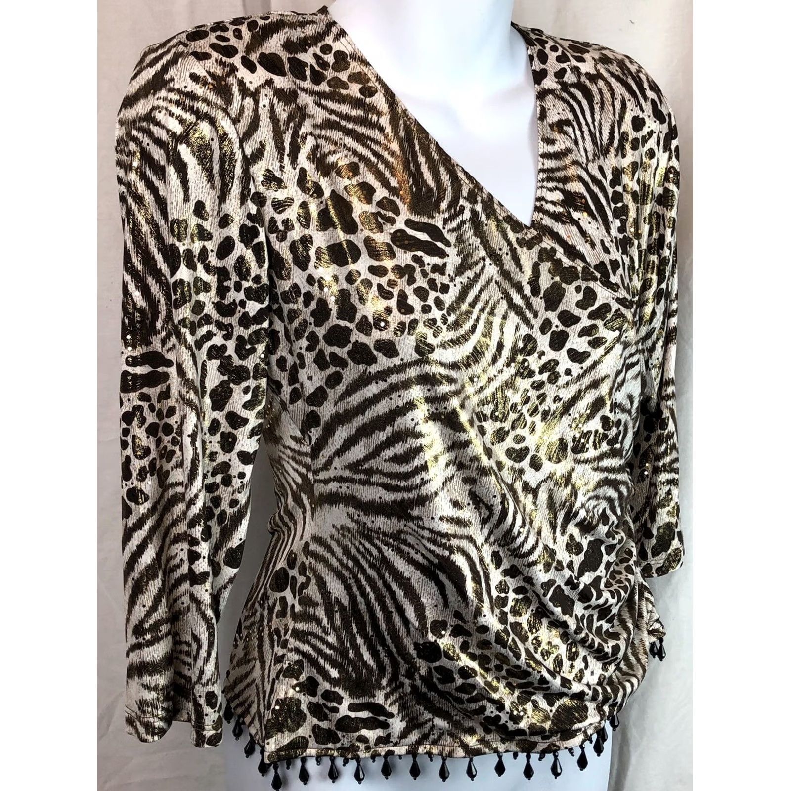 Vintage VINTAGE BFA Blouse PS Ivory/Gold Glitter Animal 3/4 Sleeve Beaded Hem 90s Y2K Womens Size S / US 4 / IT 40 - 2 Thumbnail
