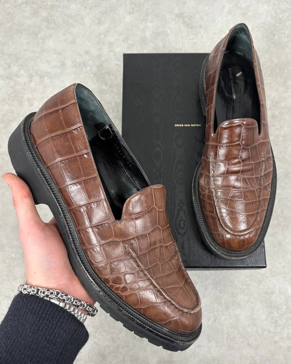 Dries Van Noten Dries Van Noten Brown Crocodile Effect Leather Loafers Size US 11 / EU 44 - 1 Thumbnail