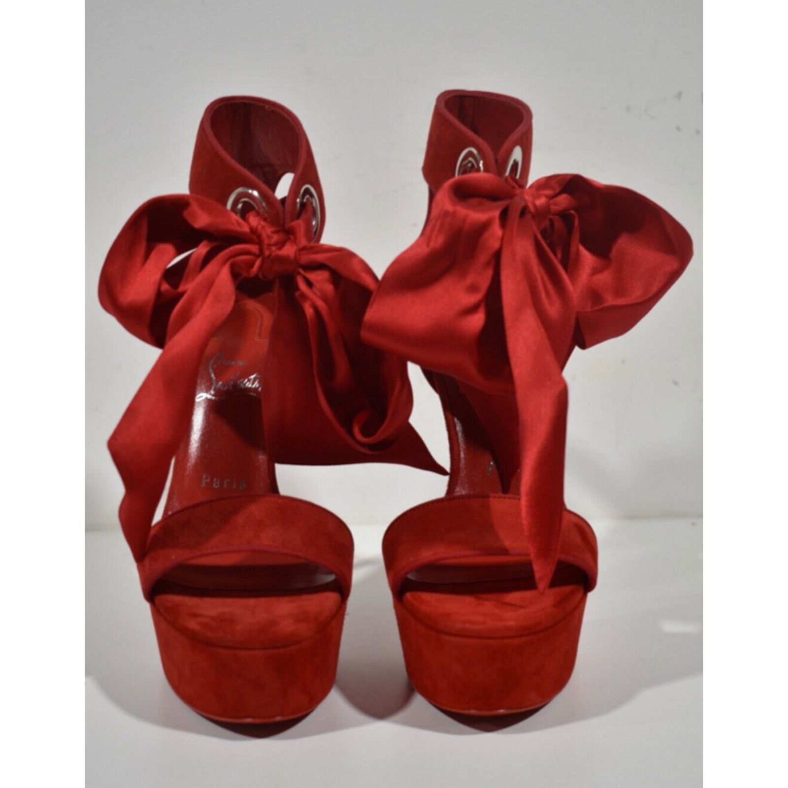 Christian Louboutin Torrida Alta 150 Loubi Red Silk Platform Sandal Heel Pump 42 Size US 12 / IT 42 - 5 Thumbnail