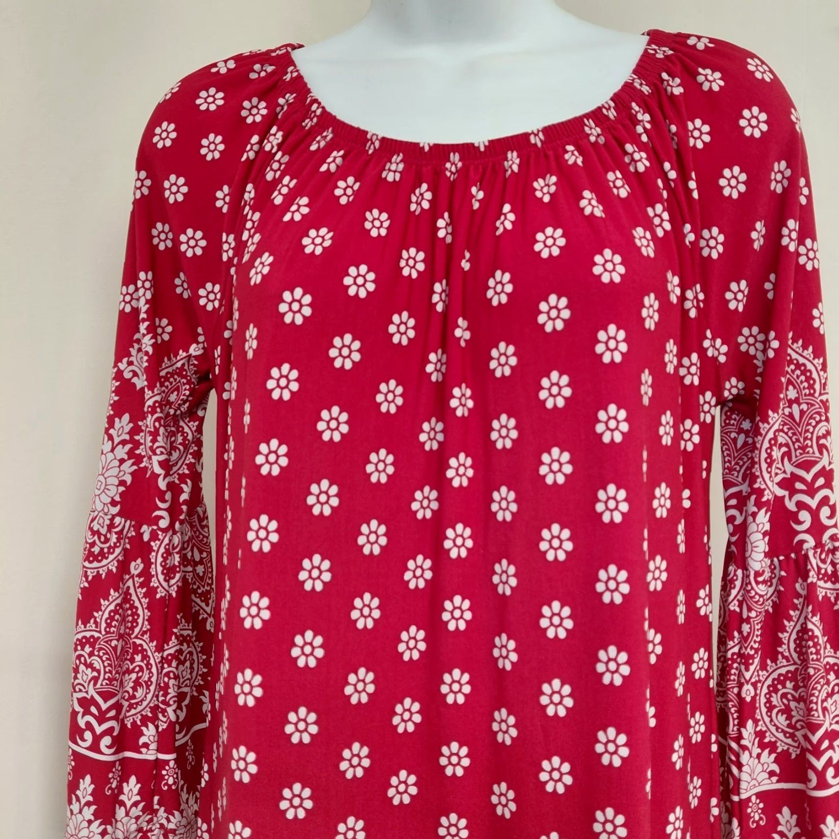 Bell R Rouge Dress Womens Medium Red/White Bohemian Printed Long Bell Sleeve Mini Dress Size M / US 6-8 / IT 42-44 - 4 Thumbnail