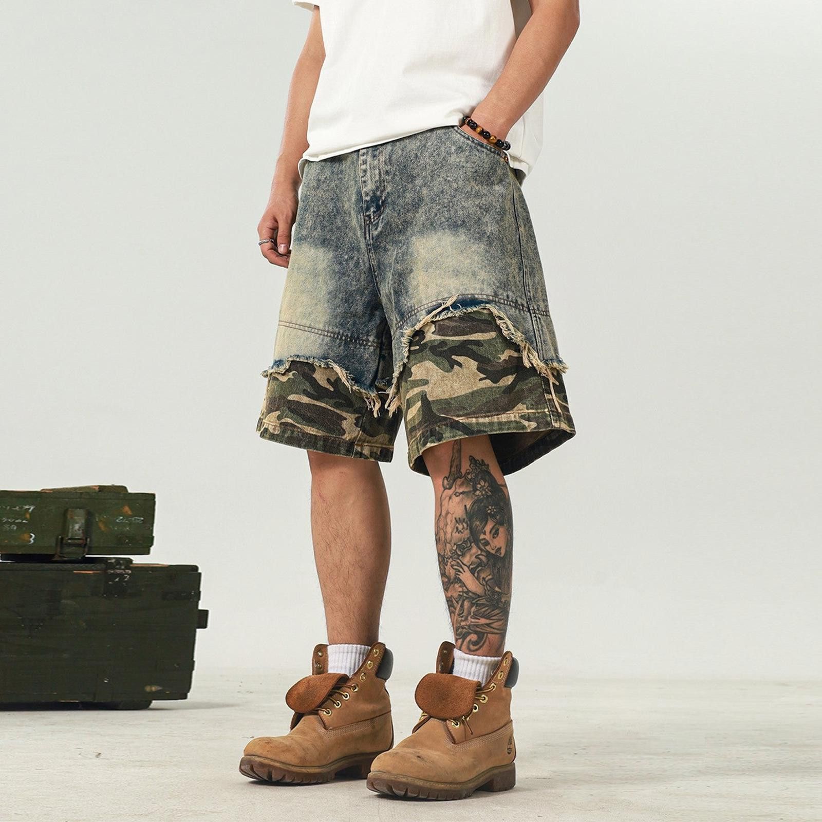 Camo Spliced Shorts – Washed Distressed Retro Fit