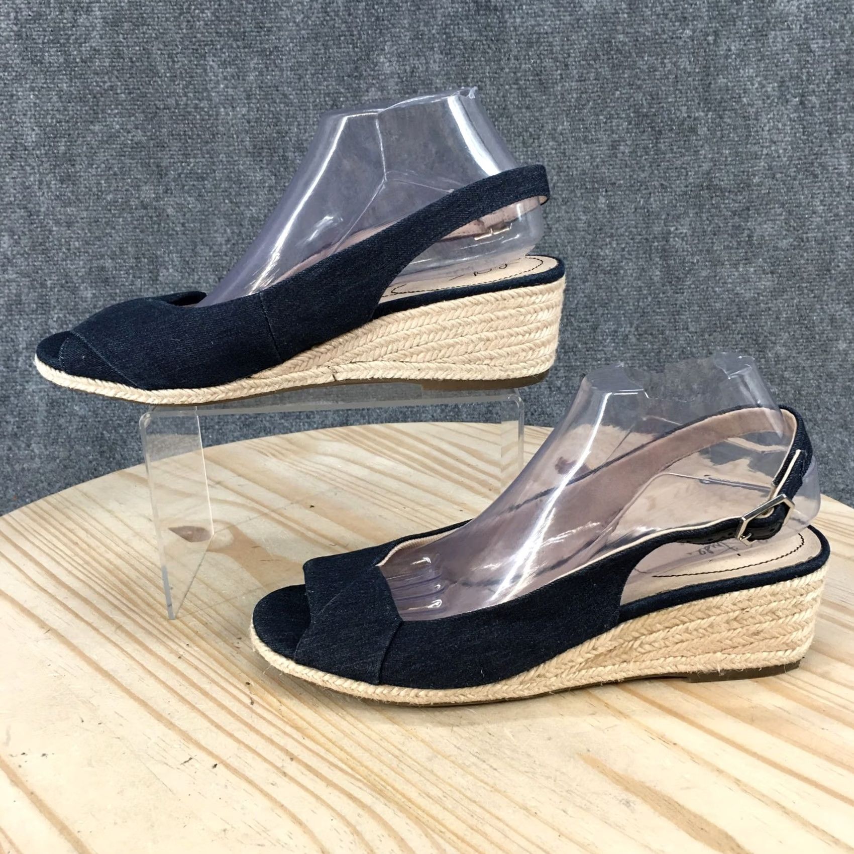 Vintage LifeStride Sandals Womens 9.5 W Socialite Espadrille Wedge Slingback Blue Fabric Size US 10 / IT 40 - 2 Thumbnail
