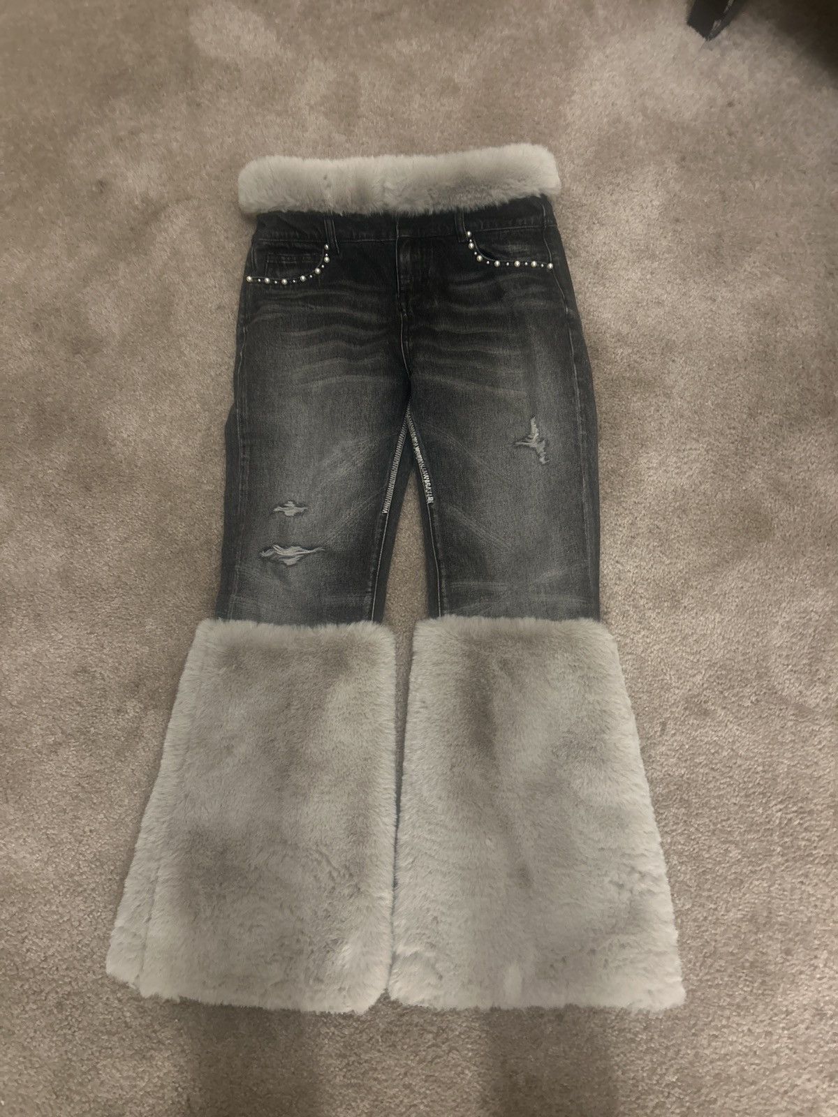 Birth of Royal Child Pearl fur patchwork jeans in blk Size US 28 / EU 44 - 1 Thumbnail