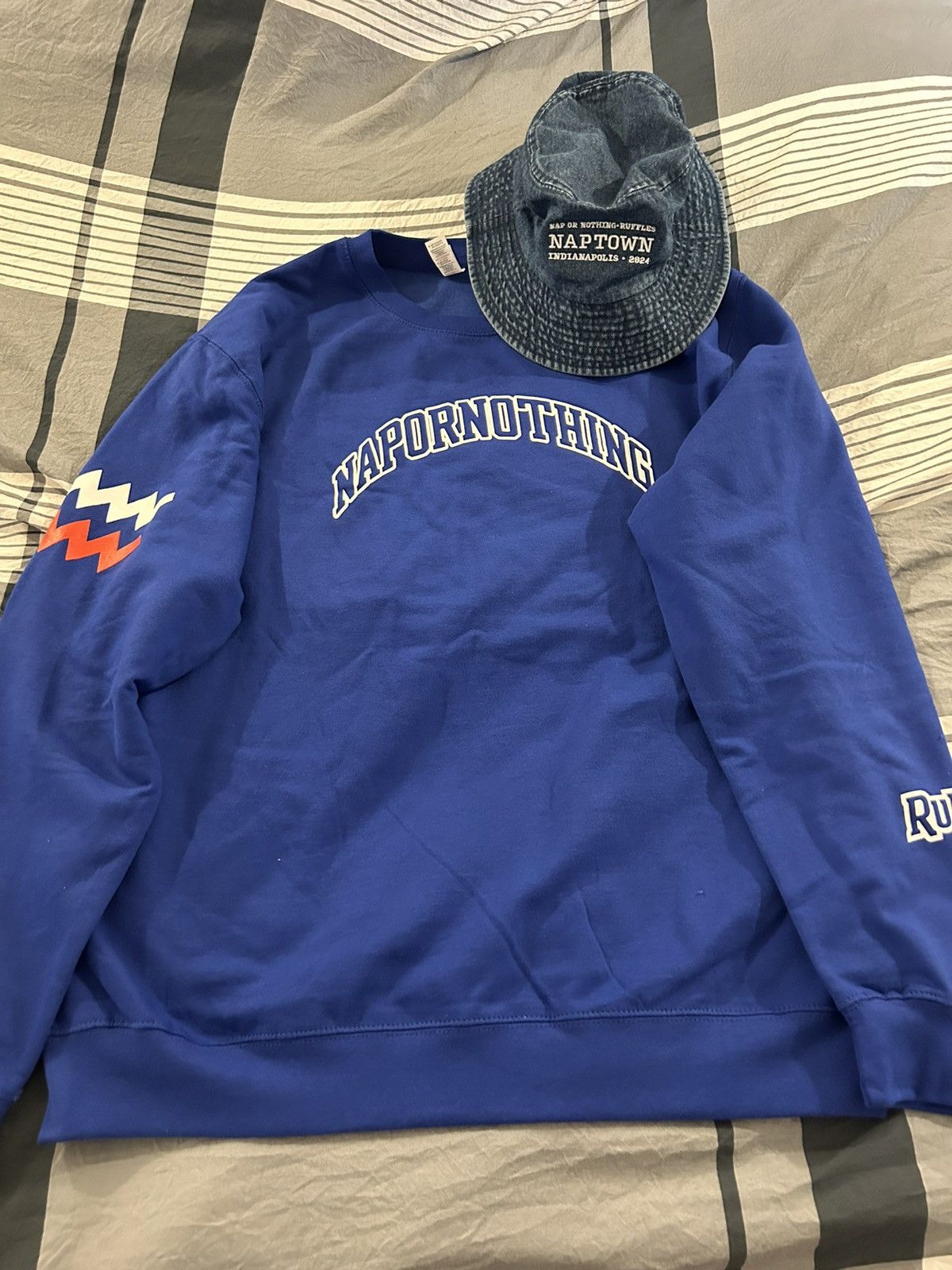 image of Ruffles X Nap Or Nothing Collection Crewneck XL & Bucket Hat in Blue, Men's