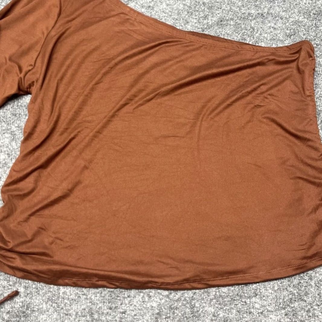 Vintage Rue21 Blouse Womens Plus 4X Brown One Shoulder Long Sleeve Ruched Drawstring New Size XXL / US 16-18 / IT 52-54 - 2 Thumbnail