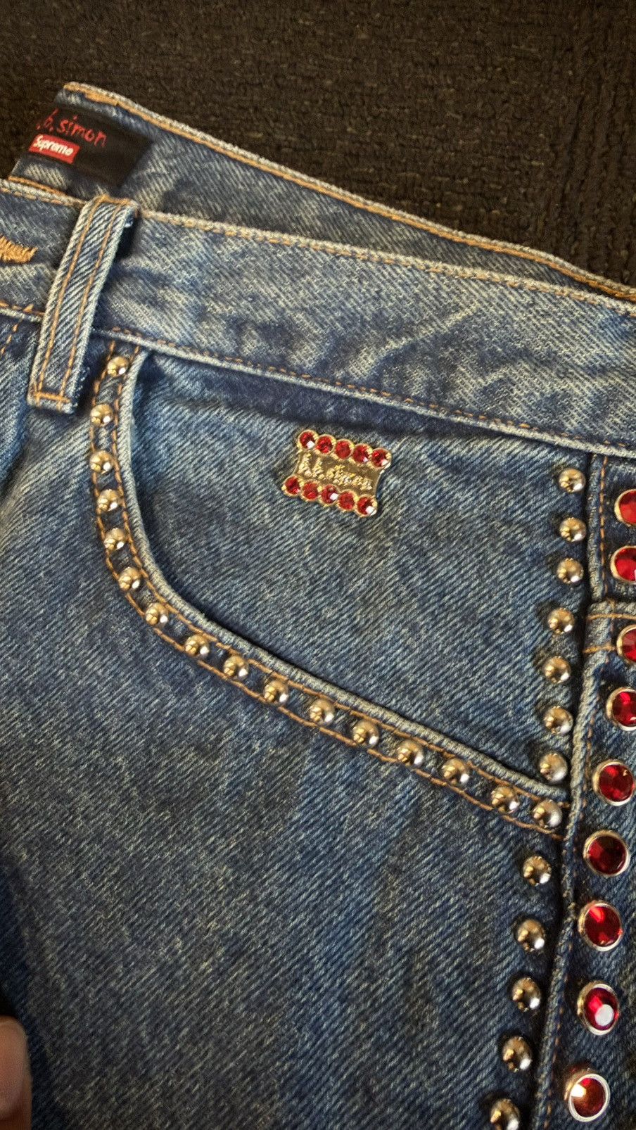 B.B. Simon × Supreme SS22 Supreme B.B simon studded regular jean (30) (blue) Size US 30 / EU 46 - 1 Thumbnail