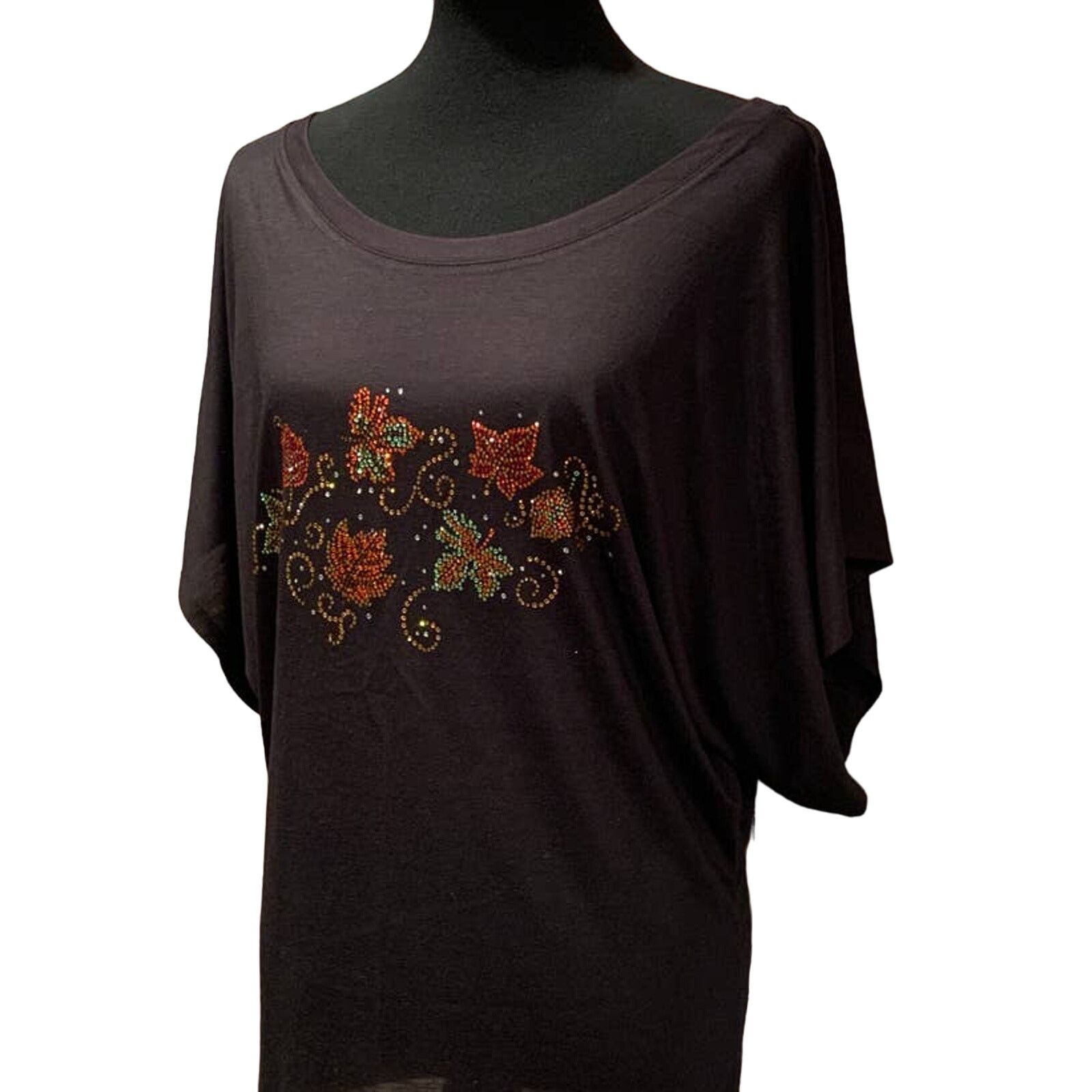 Handmade New 2X Rhinestone Autumn Leaves Batwing Dolman Blouse Top Size XXL / US 16-18 / IT 52-54 - 5 Thumbnail