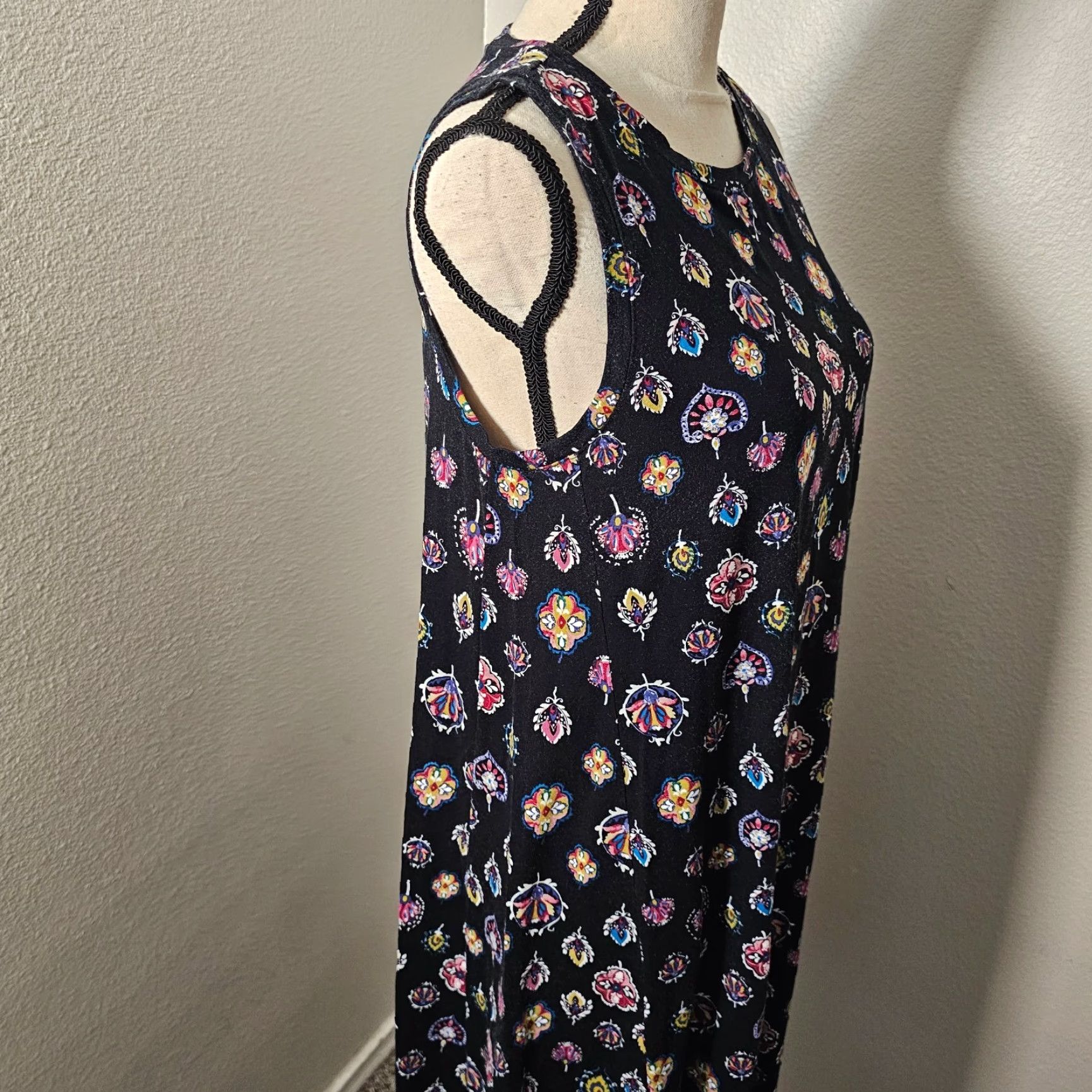 Loft VINTAGE LOFT Black Floral A-Line Stretch Jersey Sleeveless Dress Women M Casual Summer Size M / US 6-8 / IT 42-44 - 4 Thumbnail