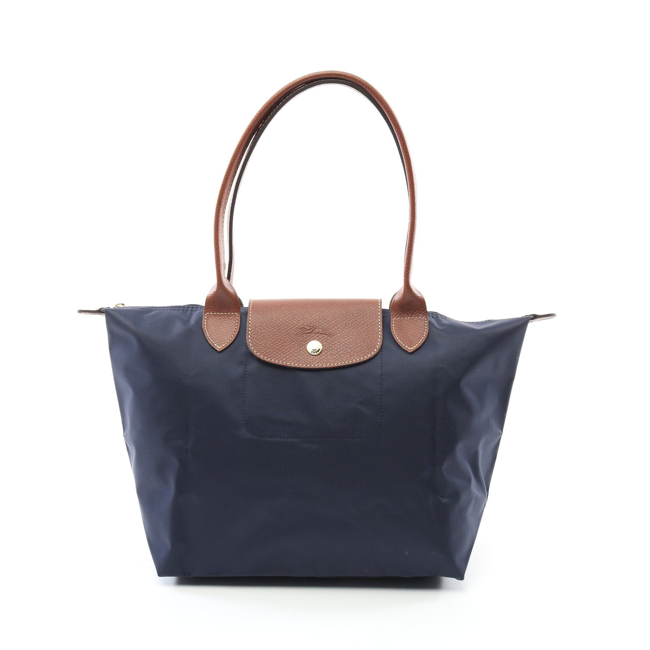Longchamp Le Pliage Original M Preage Shoulder Bag Tote Canvas Leather Navy Brown in Blue, Women's